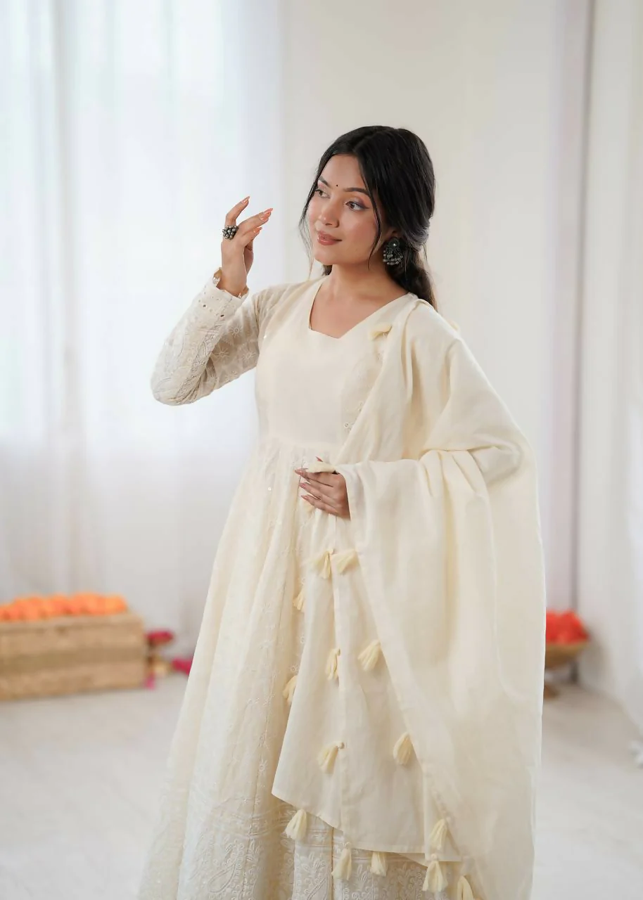 Teeya Creation Cream Kora Cotton Designer Embroidery Work long Gown - Image 5