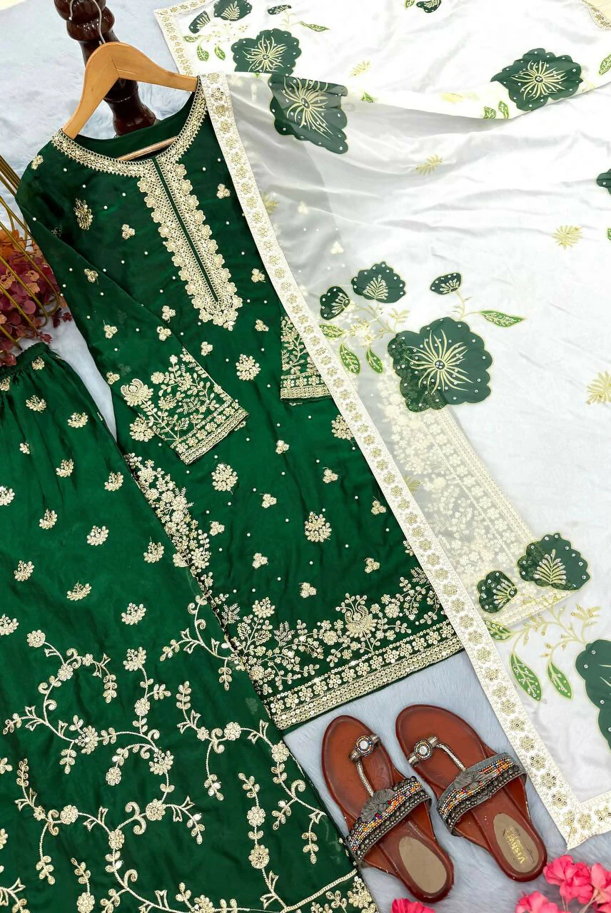 Teeya Creation Green Fendy Silk Beads Work Designer Wedding Wear Salwar Suit - Image 3