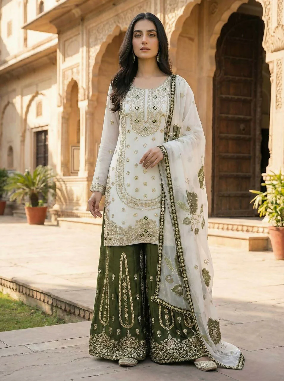 Teeya Creation Green Gimmy Silk Designer Embroidery Work Wedding Wear Palazzo Pair