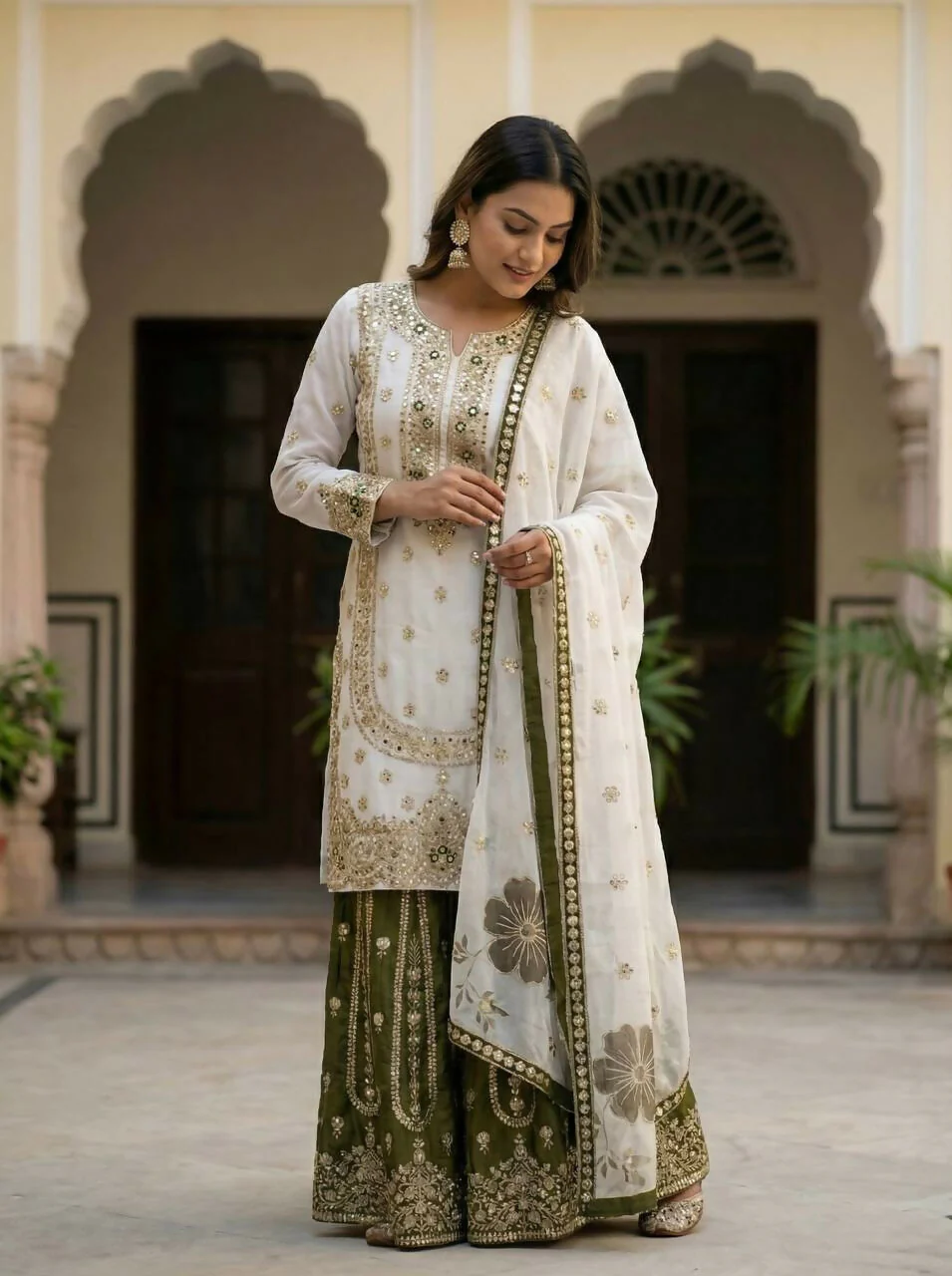 Teeya Creation Green Gimmy Silk Designer Embroidery Work Wedding Wear Palazzo Pair - Image 2
