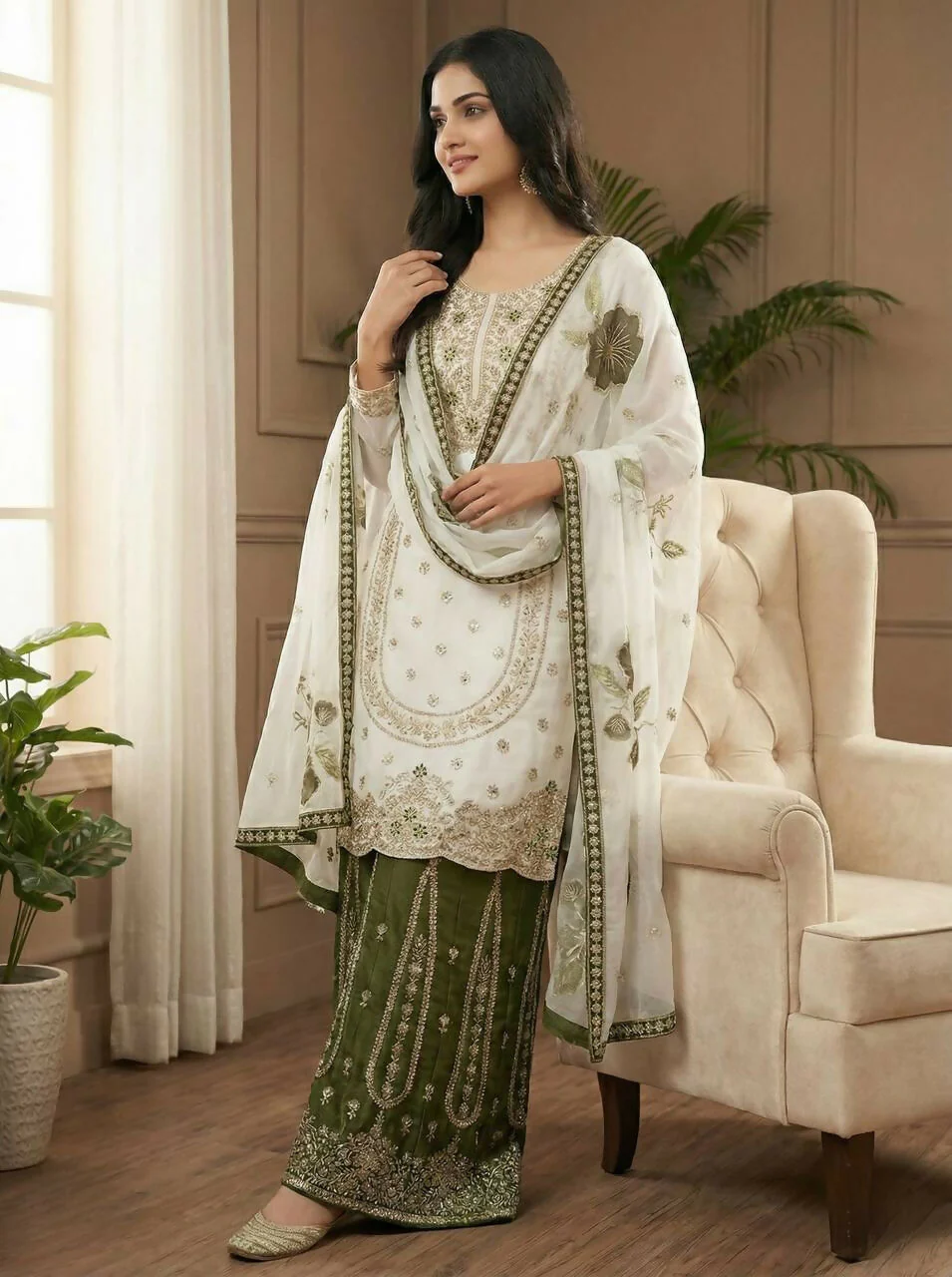 Teeya Creation Green Gimmy Silk Designer Embroidery Work Wedding Wear Palazzo Pair - Image 3