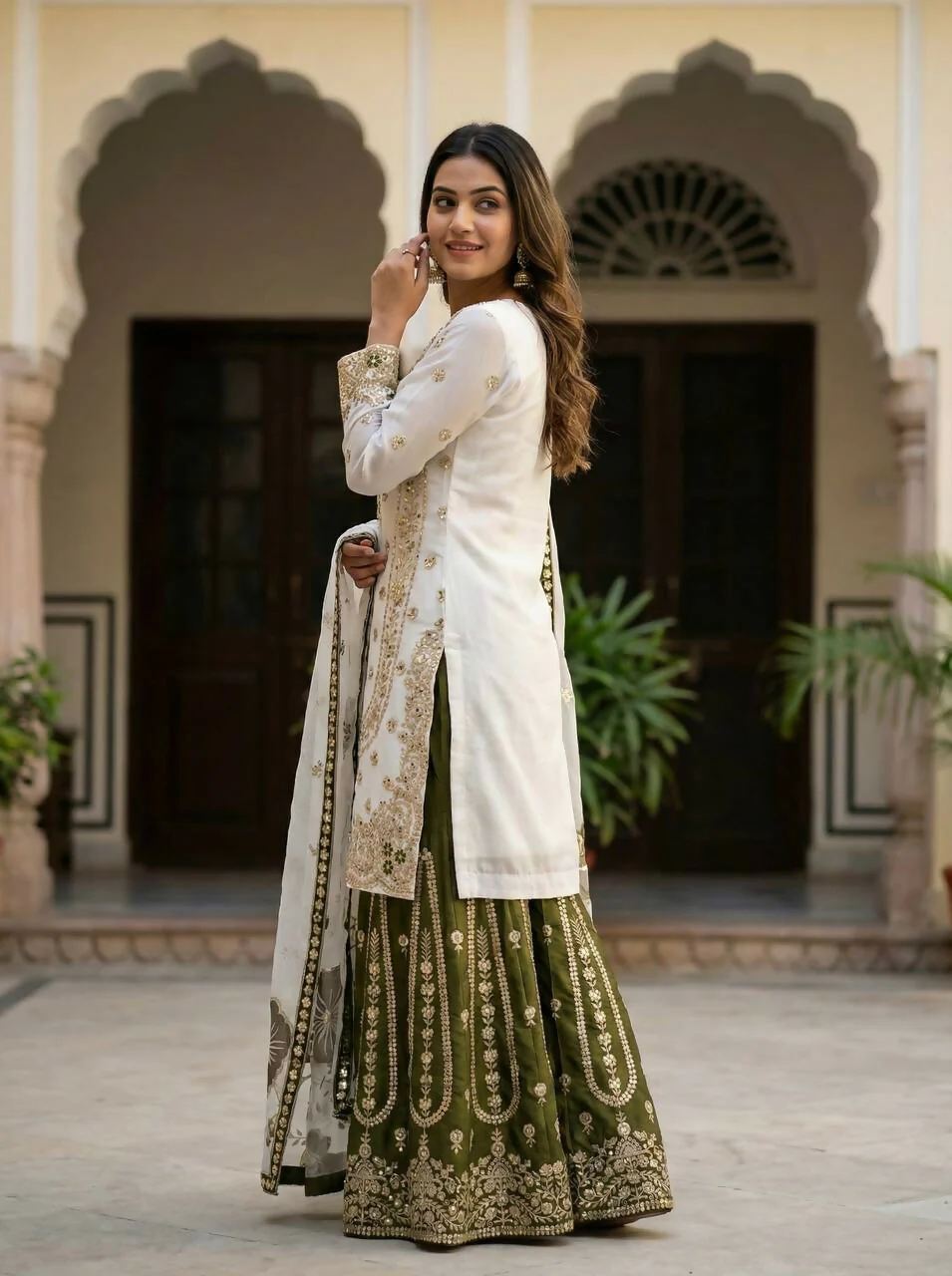 Teeya Creation Green Gimmy Silk Designer Embroidery Work Wedding Wear Palazzo Pair - Image 4