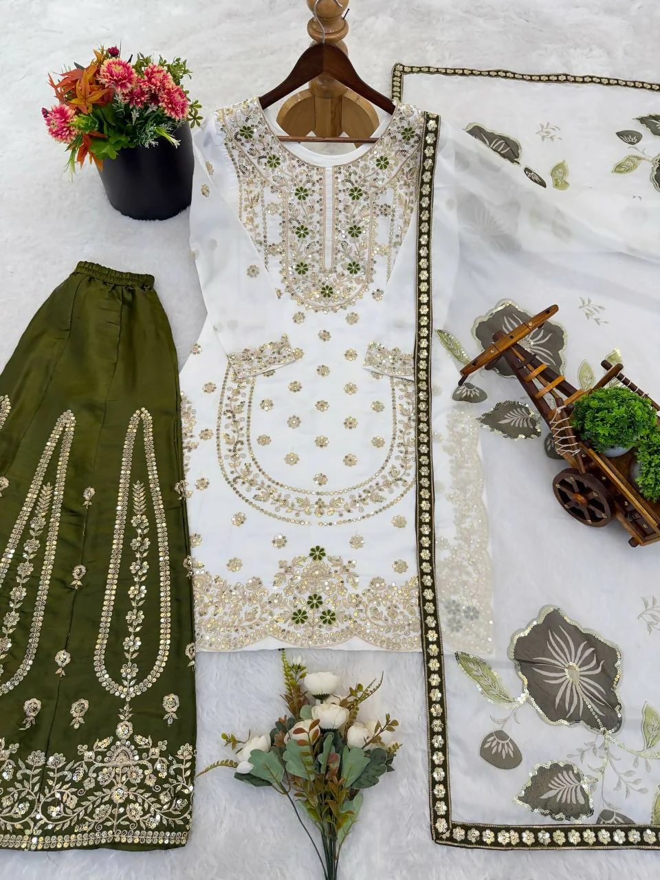 Teeya Creation Green Gimmy Silk Designer Embroidery Work Wedding Wear Palazzo Pair - Image 5