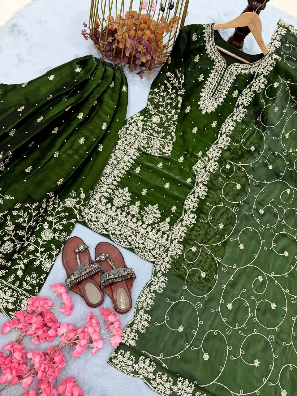 Teeya Creation Green Pure Silk Gimmy Silk Heavy Embroidery Work Wedding Wear Palazzo Pair - Image 2