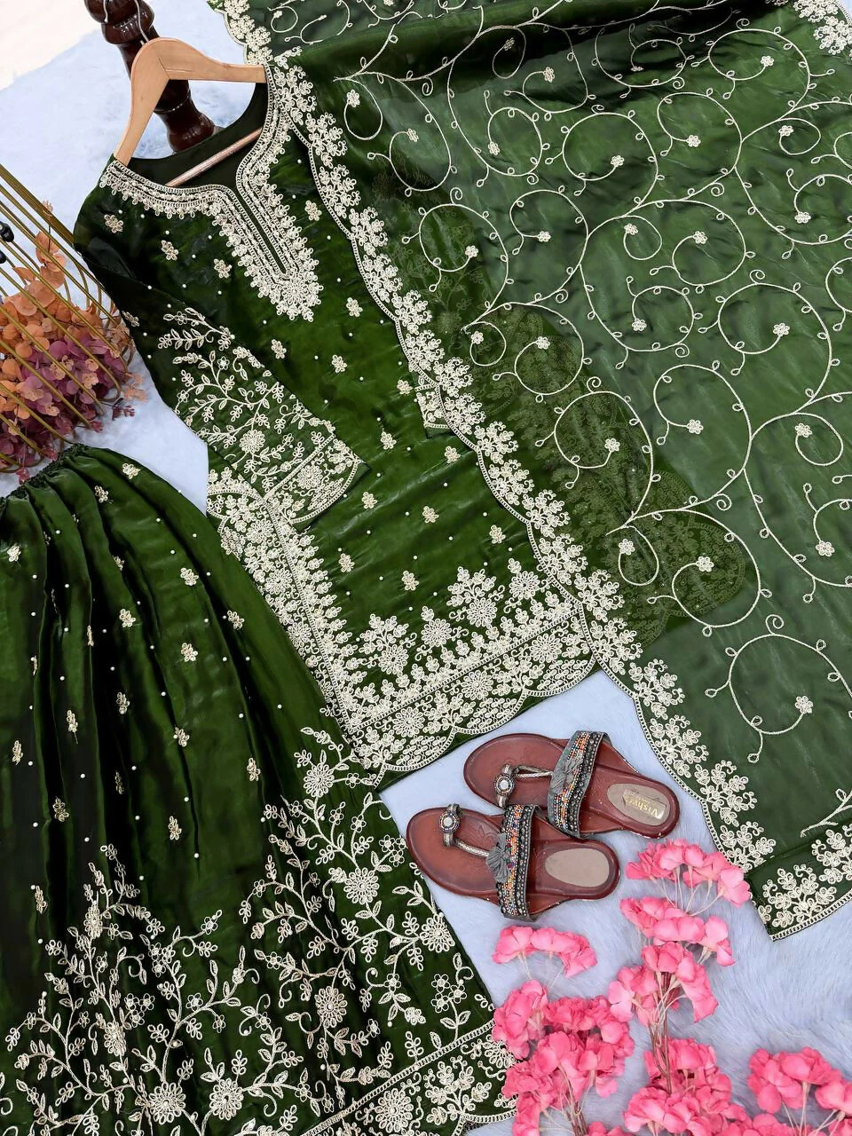 Teeya Creation Green Pure Silk Gimmy Silk Heavy Embroidery Work Wedding Wear Palazzo Pair - Image 3