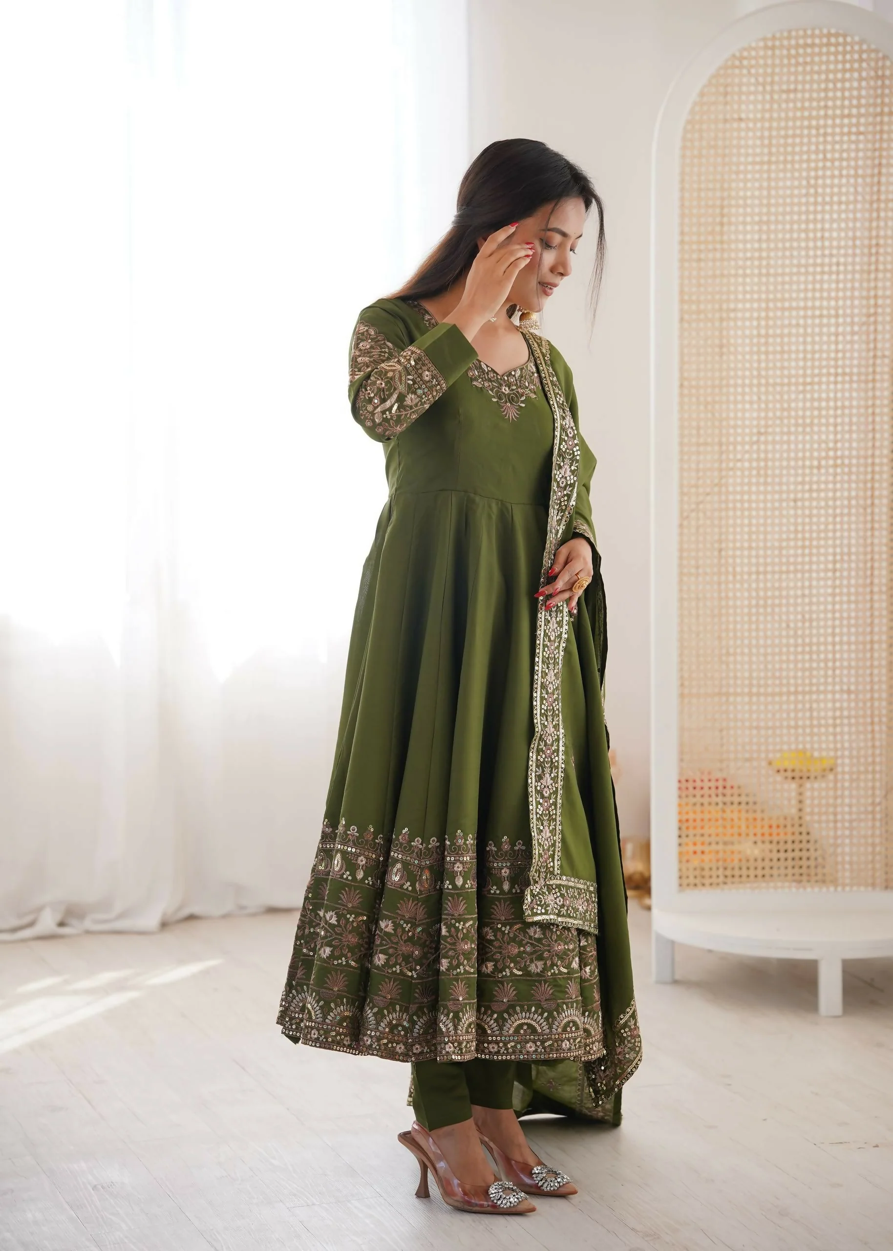 Teeya Creation Green Roman Silk Embroidery Work Party Wear Long Gown - Image 3