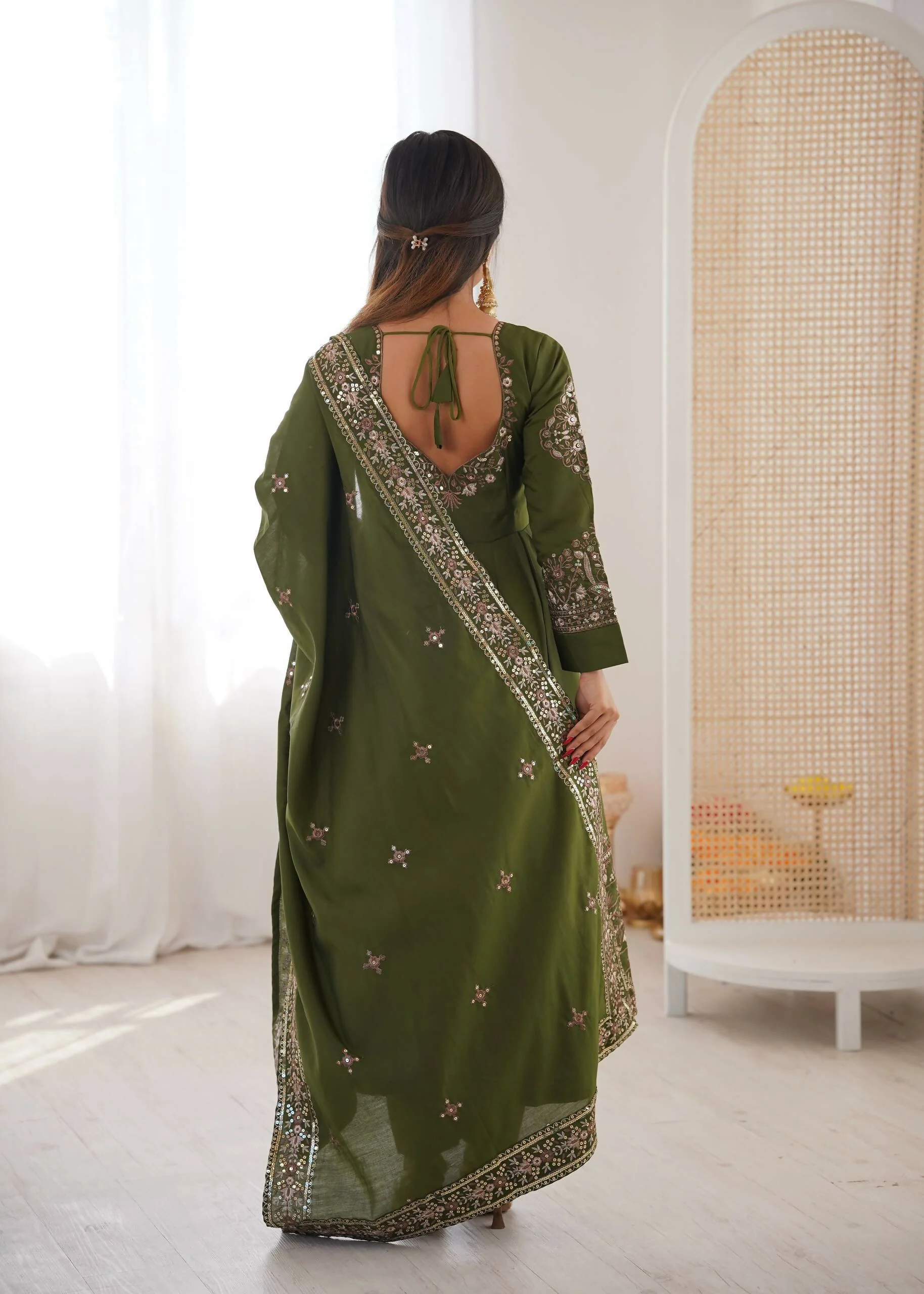 Teeya Creation Green Roman Silk Embroidery Work Party Wear Long Gown - Image 4