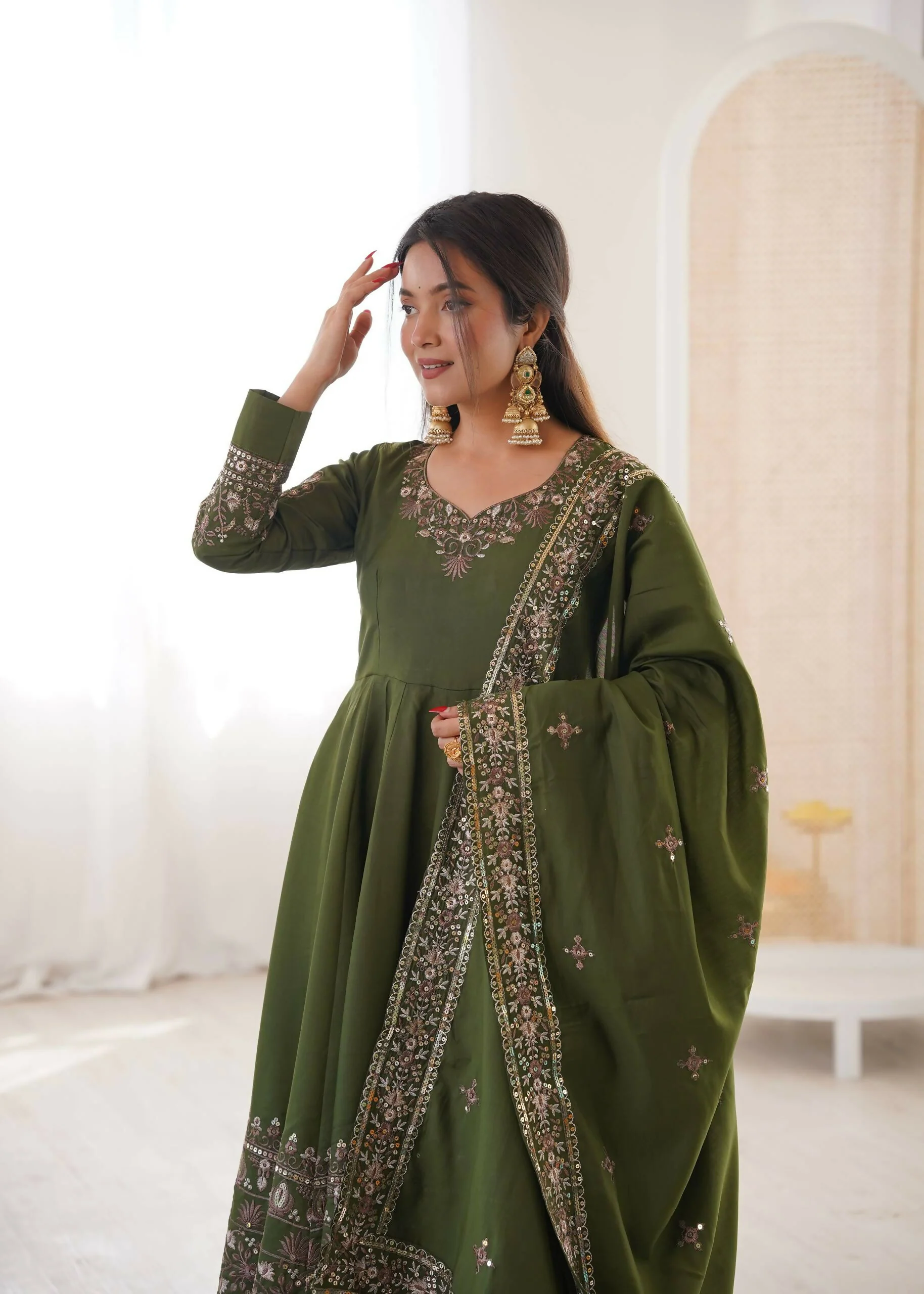 Teeya Creation Green Roman Silk Embroidery Work Party Wear Long Gown - Image 5