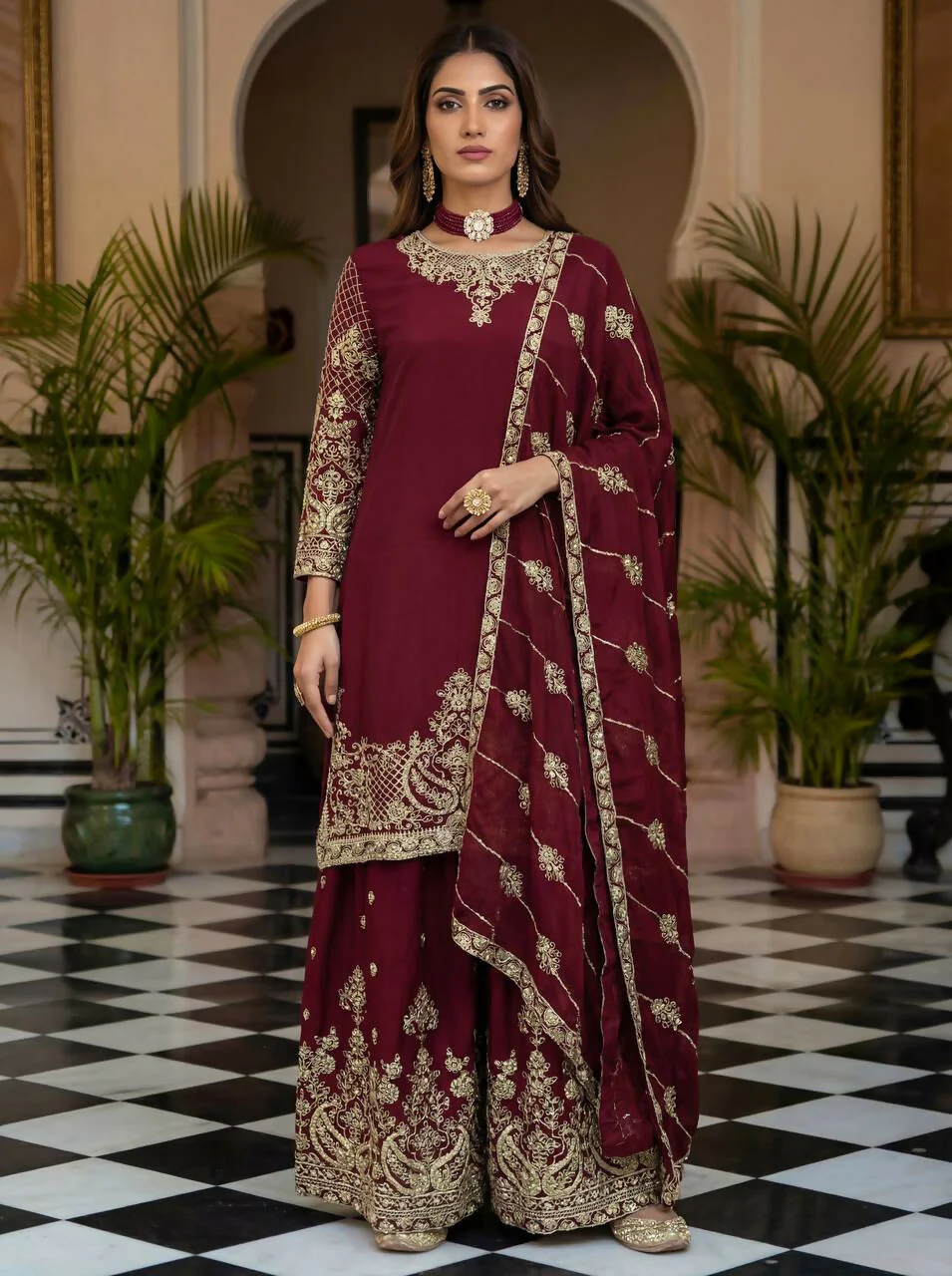Teeya Creation Maroon Chinon Silk Designer Wedding Wear Embroidery Work Palazzo