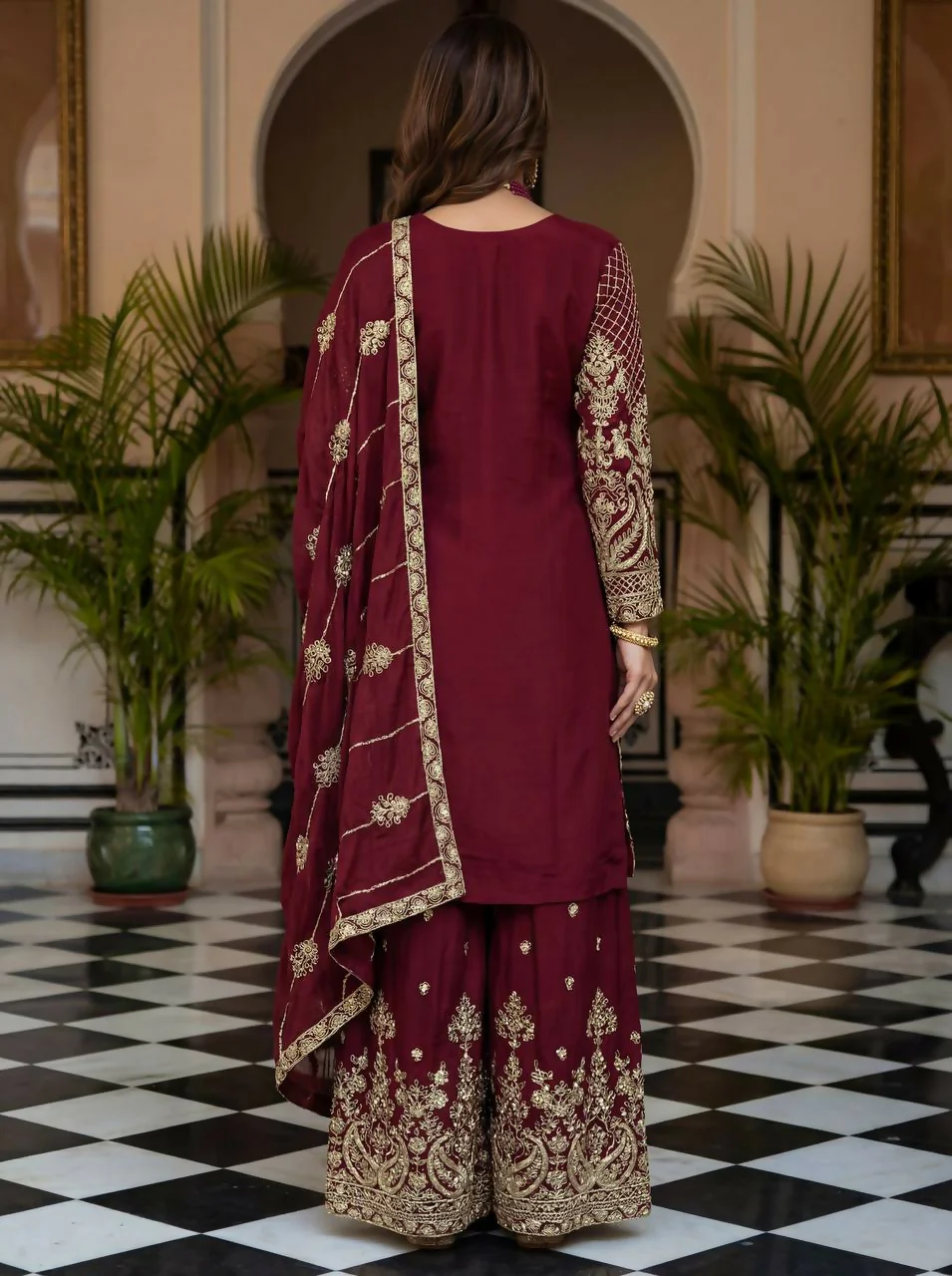 Teeya Creation Maroon Chinon Silk Designer Wedding Wear Embroidery Work Palazzo - Image 4