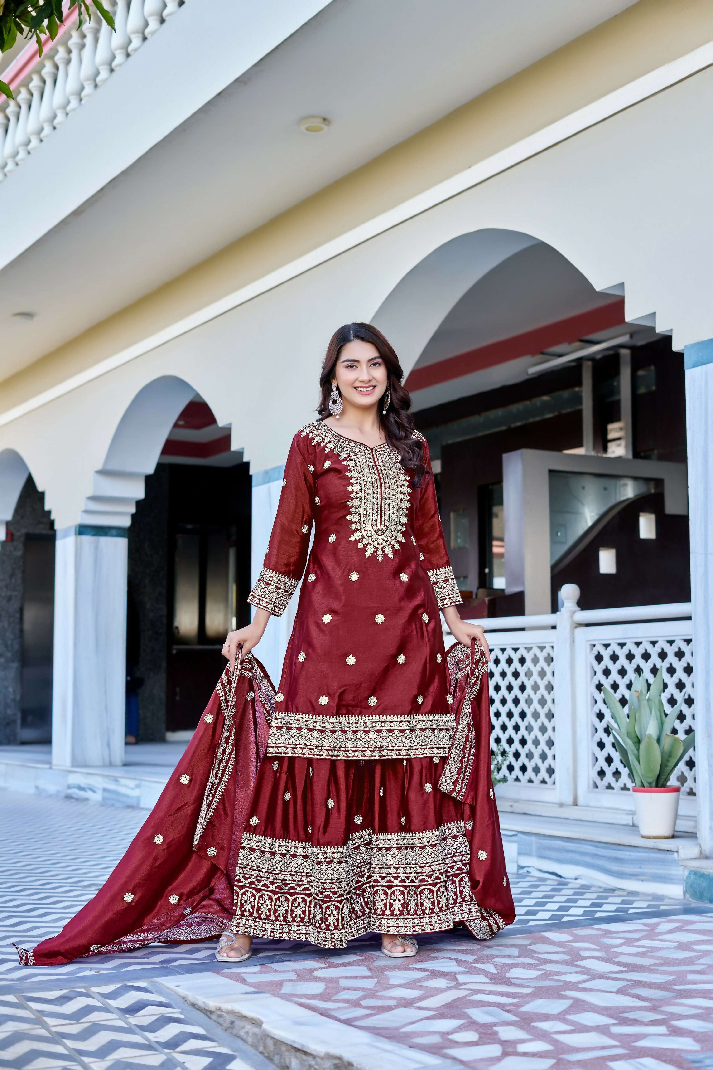 Teeya Creation Maroon Color Chinon Silk Heavy Embroidery Work Wedding Wear Sharara - Image 2