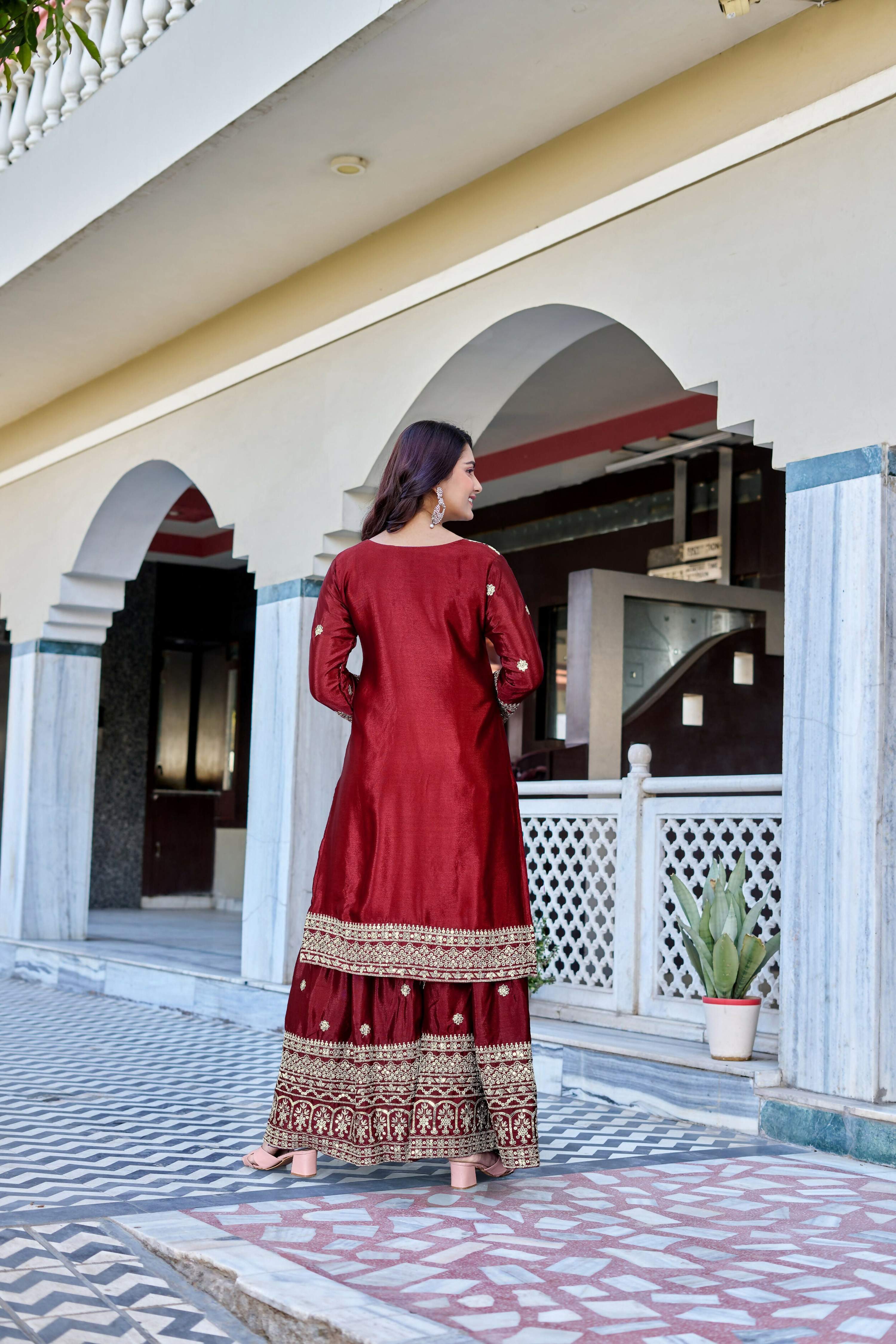 Teeya Creation Maroon Color Chinon Silk Heavy Embroidery Work Wedding Wear Sharara - Image 4