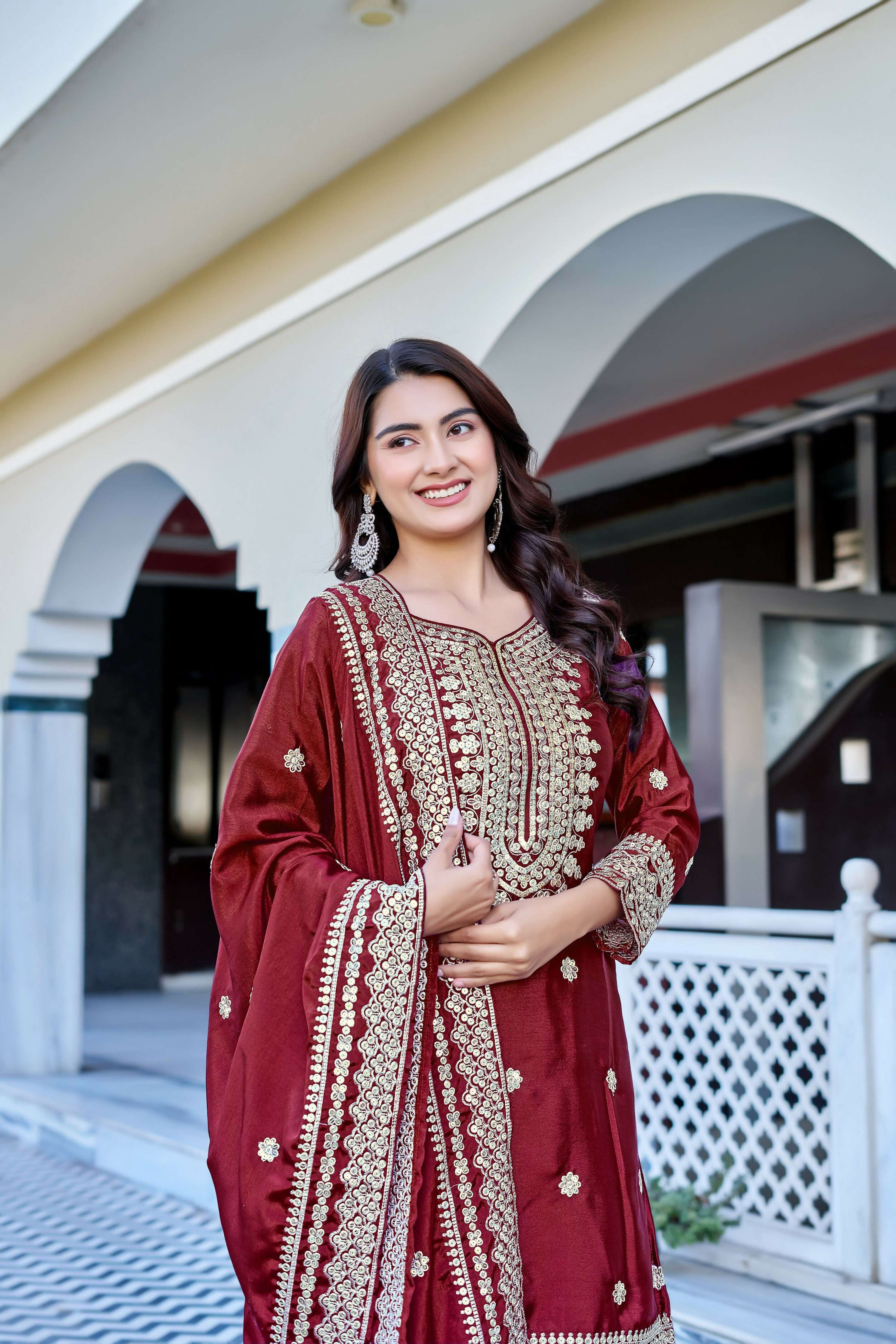 Teeya Creation Maroon Color Chinon Silk Heavy Embroidery Work Wedding Wear Sharara - Image 5