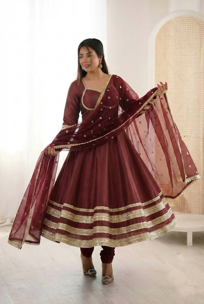 Teeya Creation Maroon Cosmos Gold Lace Work Party Wear Gown