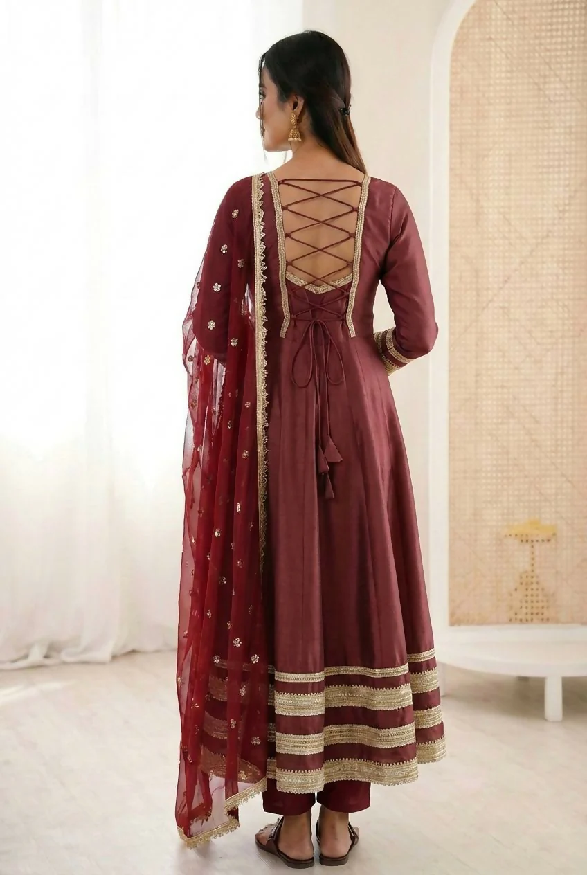 Teeya Creation Maroon Cosmos Gold Lace Work Party Wear Gown - Image 5