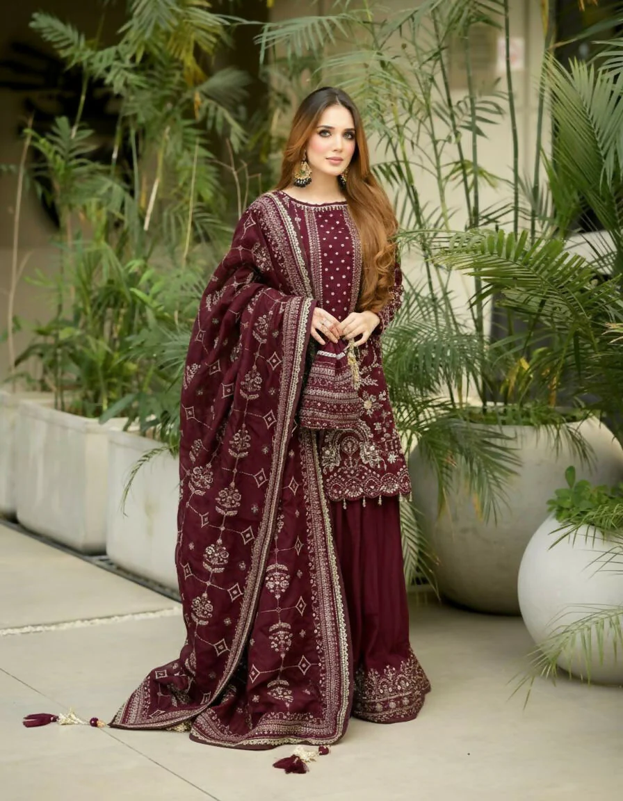 Teeya Creation Maroon Faux georgette Designer heavy work Wedding Wear Palazzo pair