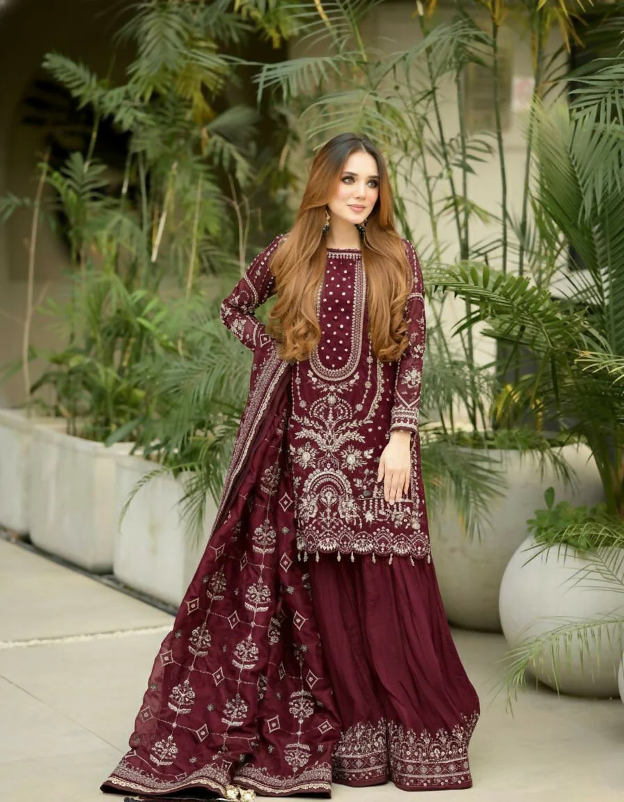 Teeya Creation Maroon Faux georgette Designer heavy work Wedding Wear Palazzo pair - Image 2