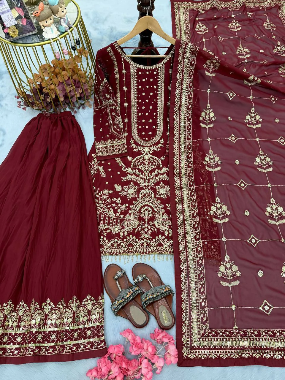 Teeya Creation Maroon Faux georgette Designer heavy work Wedding Wear Palazzo pair - Image 3
