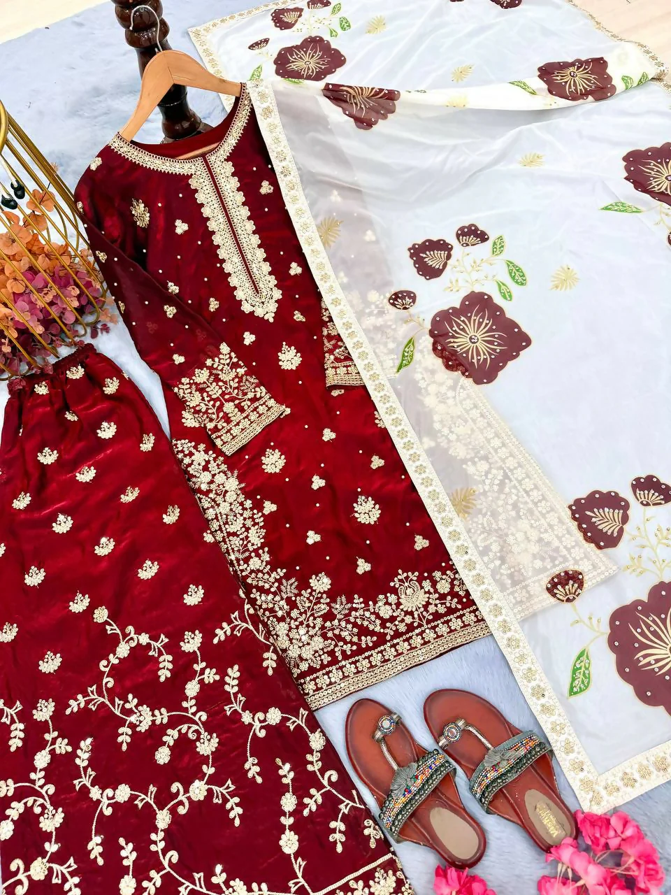 Teeya Creation Maroon Fendy Silk Beads Work Designer Wedding Wear Salwar Suit - Image 3