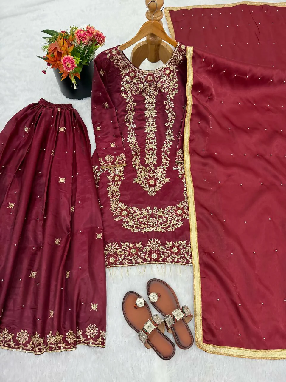 Teeya Creation Maroon Gimmy Silk Designer Embroidery Work Wedding Wear Palazzo Pair - Image 3
