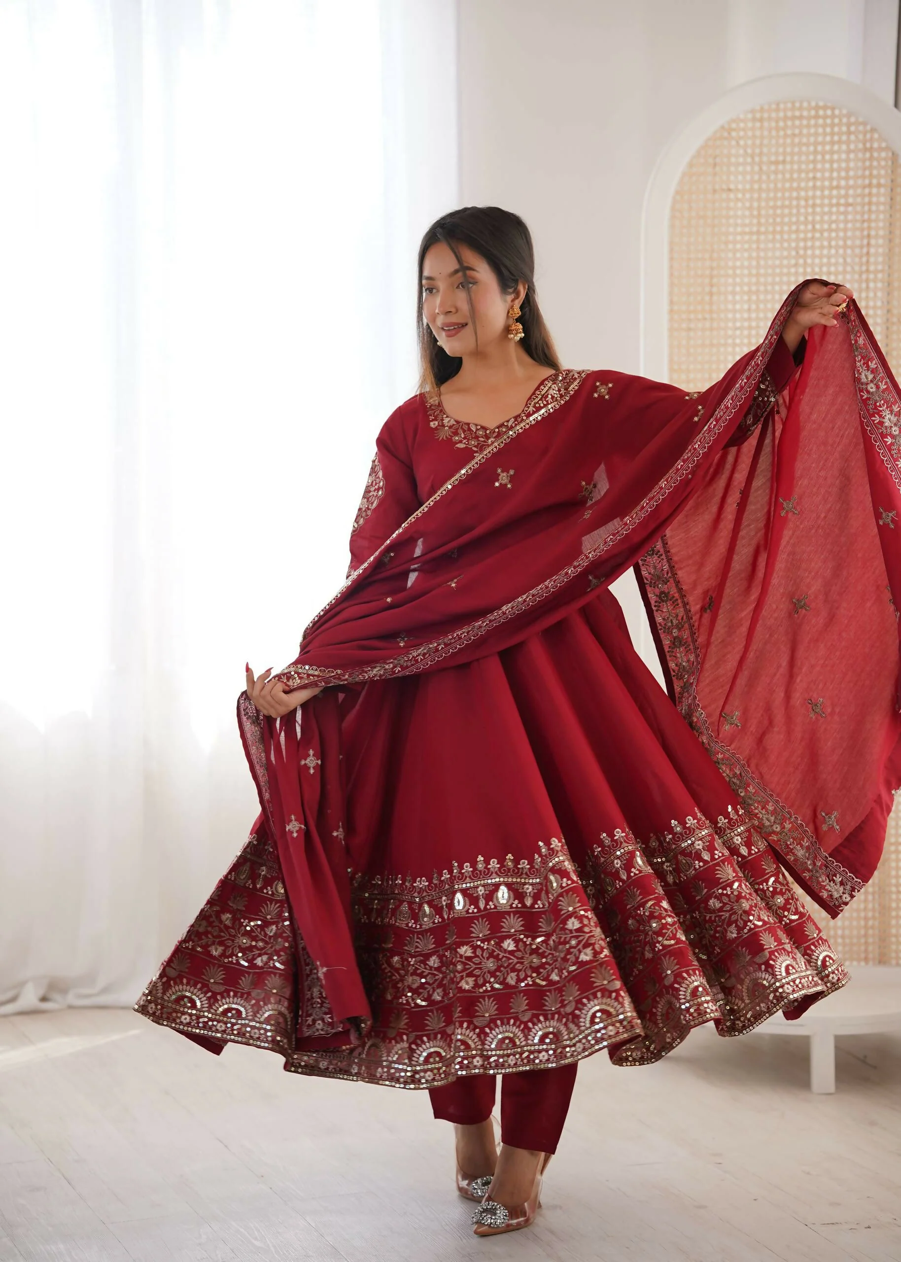Teeya Creation Maroon Roman Silk Embroidery Work Party Wear Long Gown - Image 2