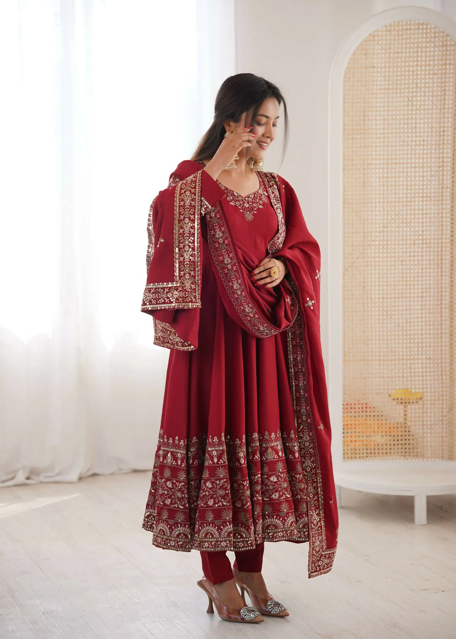 Teeya Creation Maroon Roman Silk Embroidery Work Party Wear Long Gown - Image 3