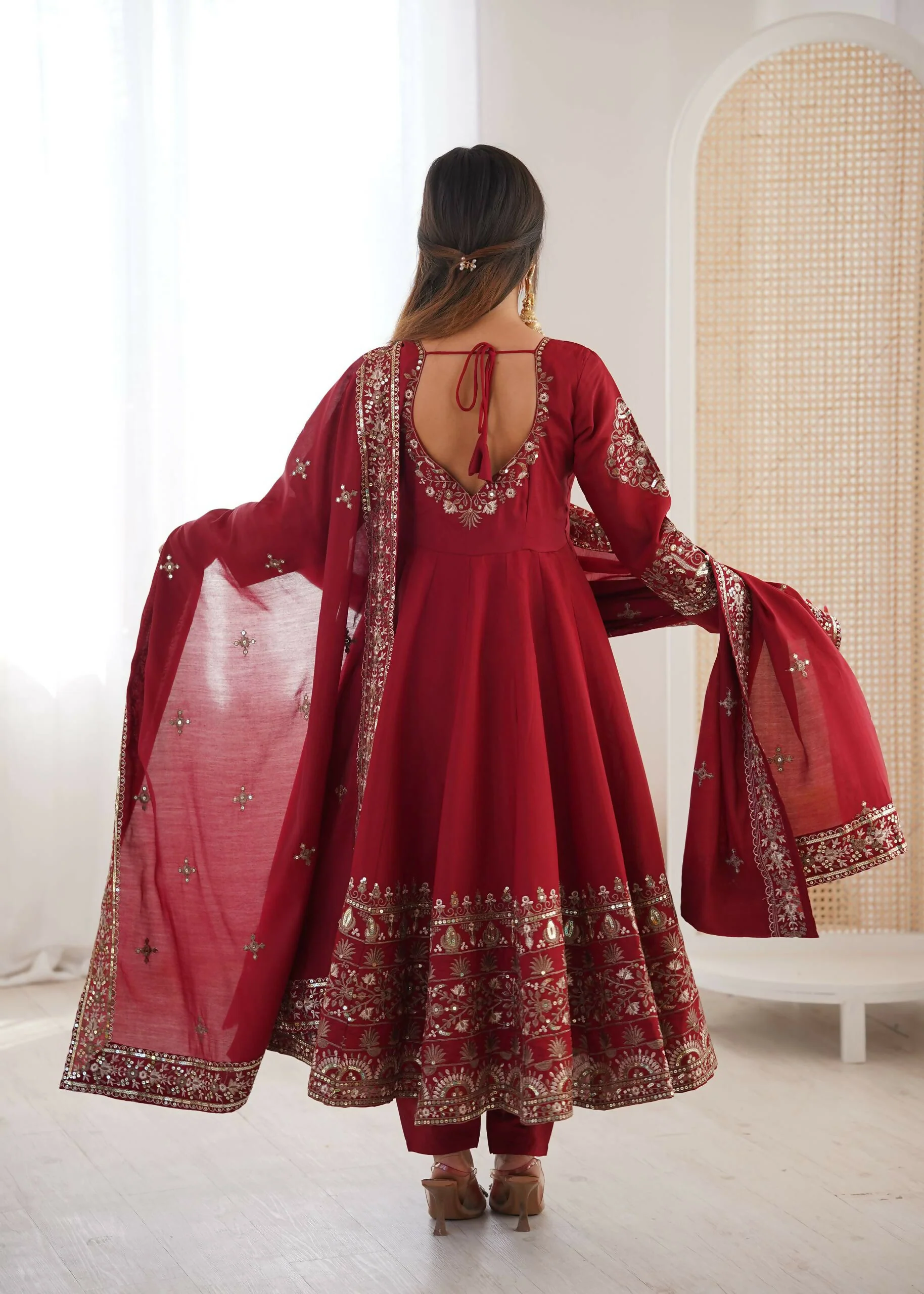 Teeya Creation Maroon Roman Silk Embroidery Work Party Wear Long Gown - Image 4