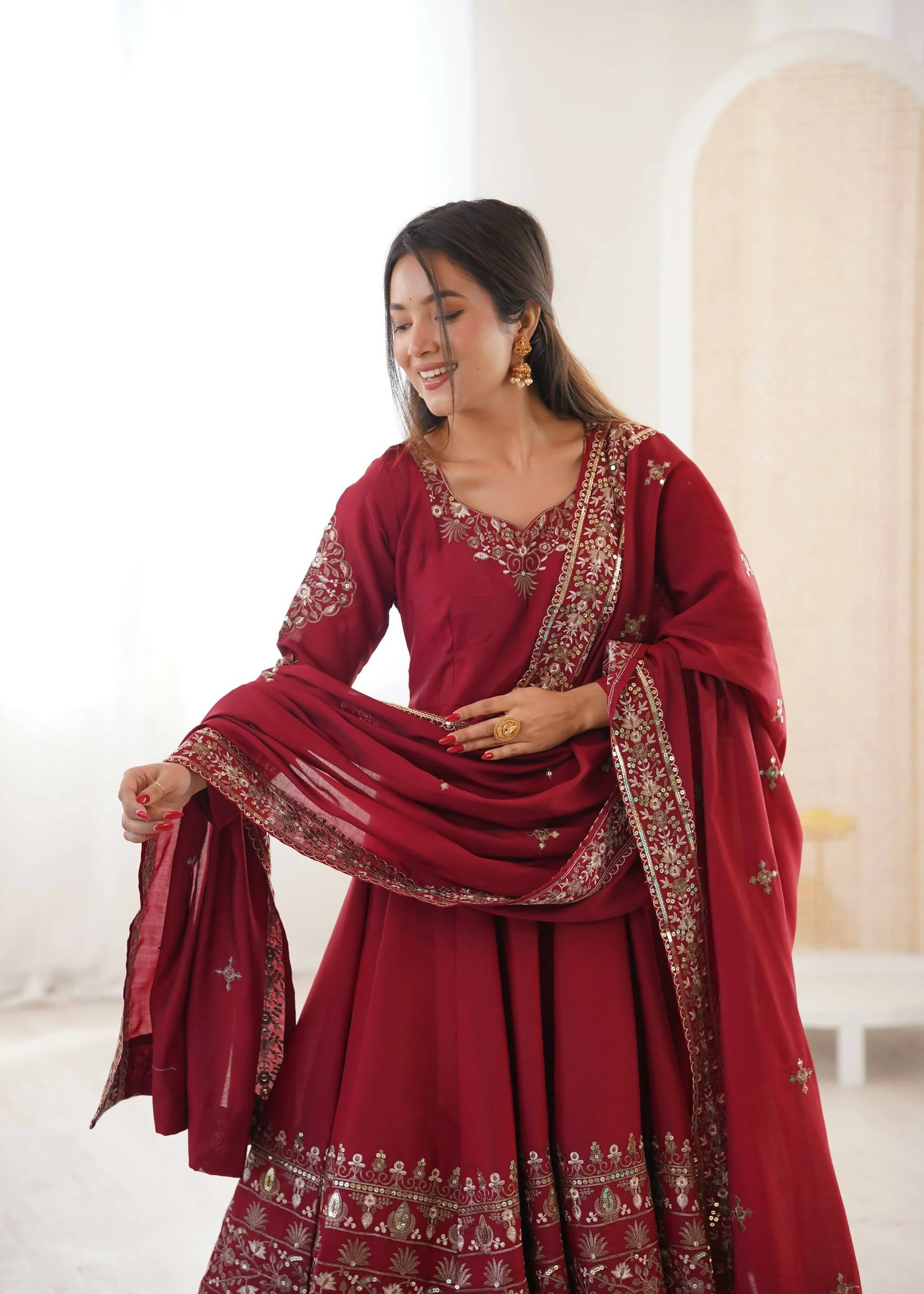 Teeya Creation Maroon Roman Silk Embroidery Work Party Wear Long Gown - Image 5