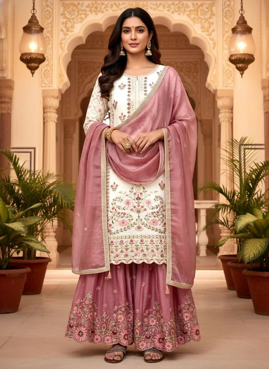 Teeya Creation Multi Color Pure Silk Gimmy Silk Heavy Embroidery Work Wedding Wear Palazzo Pair