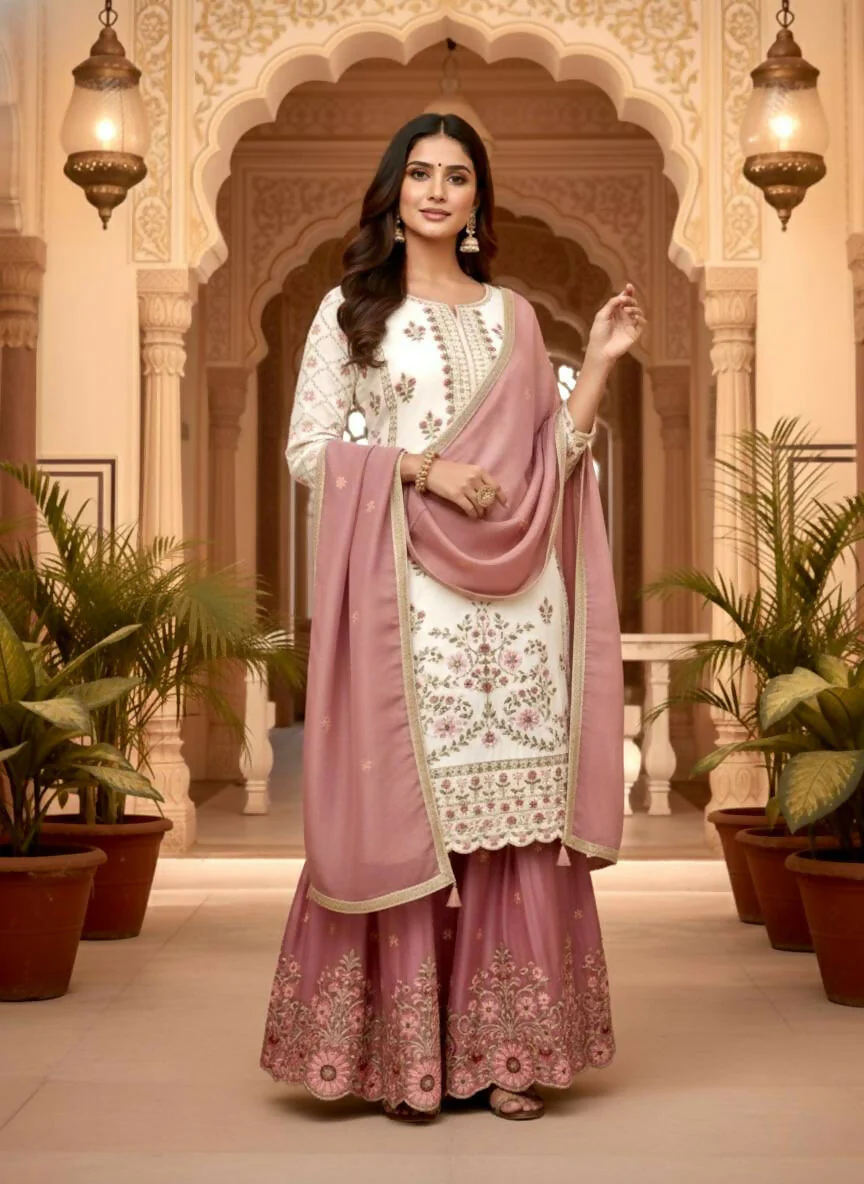 Teeya Creation Multi Color Pure Silk Gimmy Silk Heavy Embroidery Work Wedding Wear Palazzo Pair - Image 2