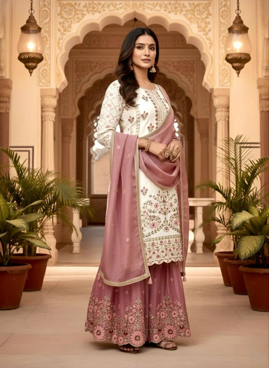 Teeya Creation Multi Color Pure Silk Gimmy Silk Heavy Embroidery Work Wedding Wear Palazzo Pair - Image 3