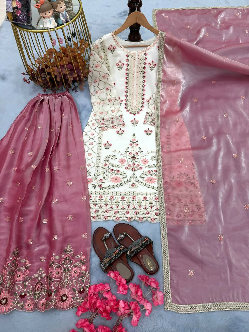 Teeya Creation Multi Color Pure Silk Gimmy Silk Heavy Embroidery Work Wedding Wear Palazzo Pair - Image 5