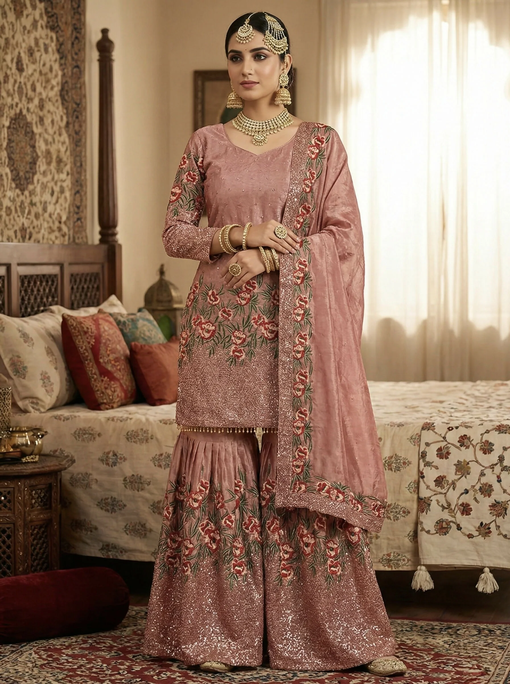 Teeya Creation Peach Fendy Silk Heavy Embroidery Work Party Wear Sharara Suit - Image 3