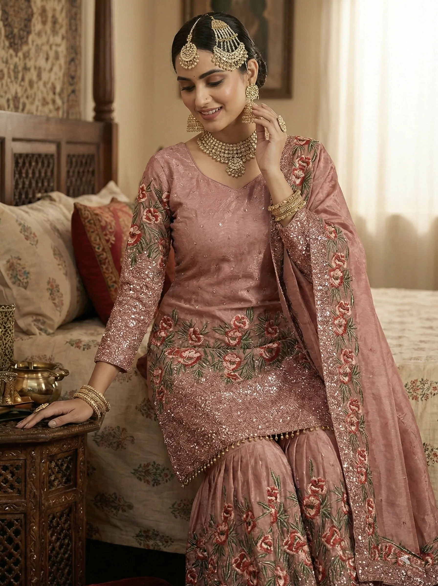 Teeya Creation Peach Fendy Silk Heavy Embroidery Work Party Wear Sharara Suit - Image 4