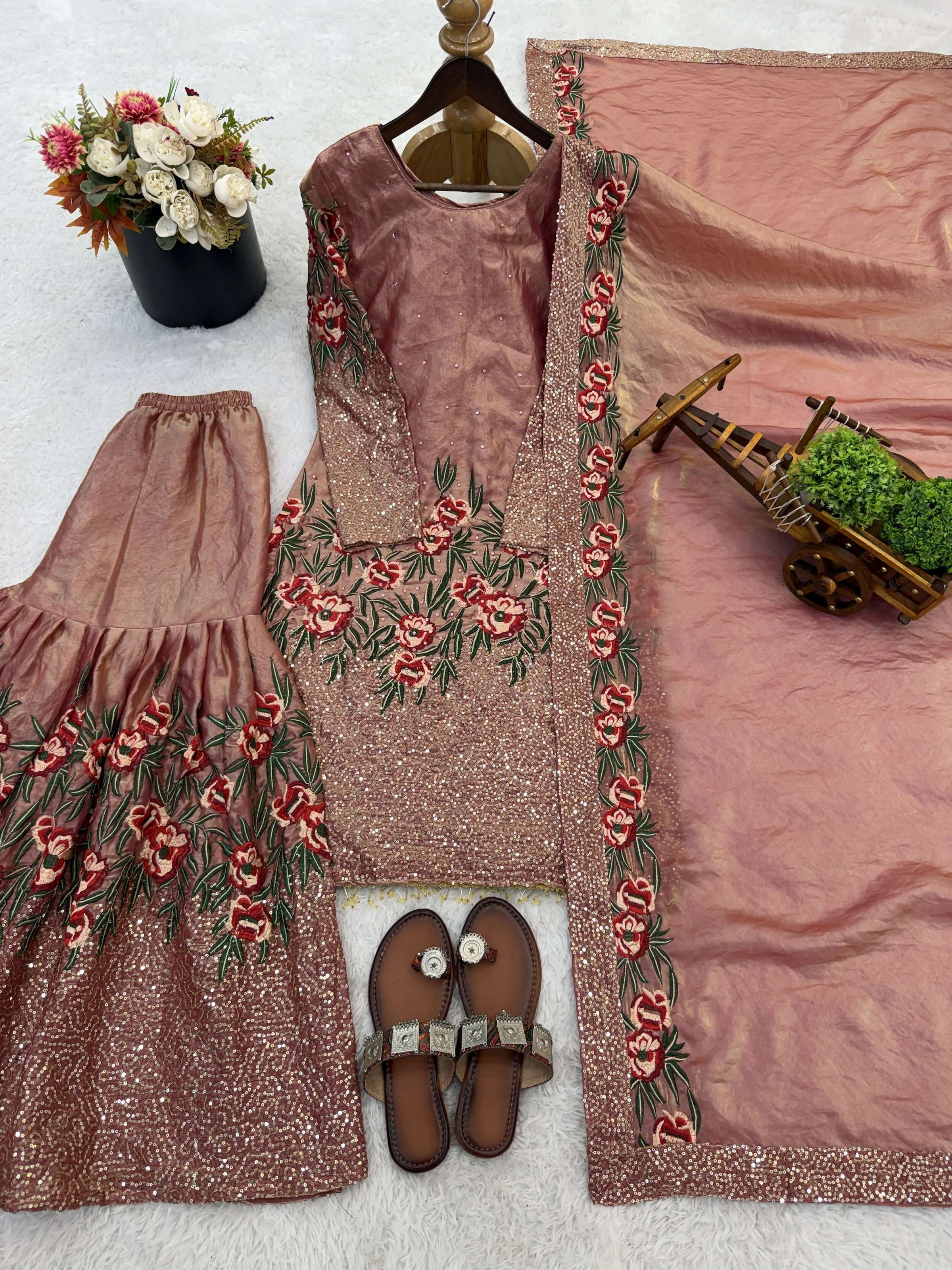 Teeya Creation Peach Fendy Silk Heavy Embroidery Work Party Wear Sharara Suit - Image 5