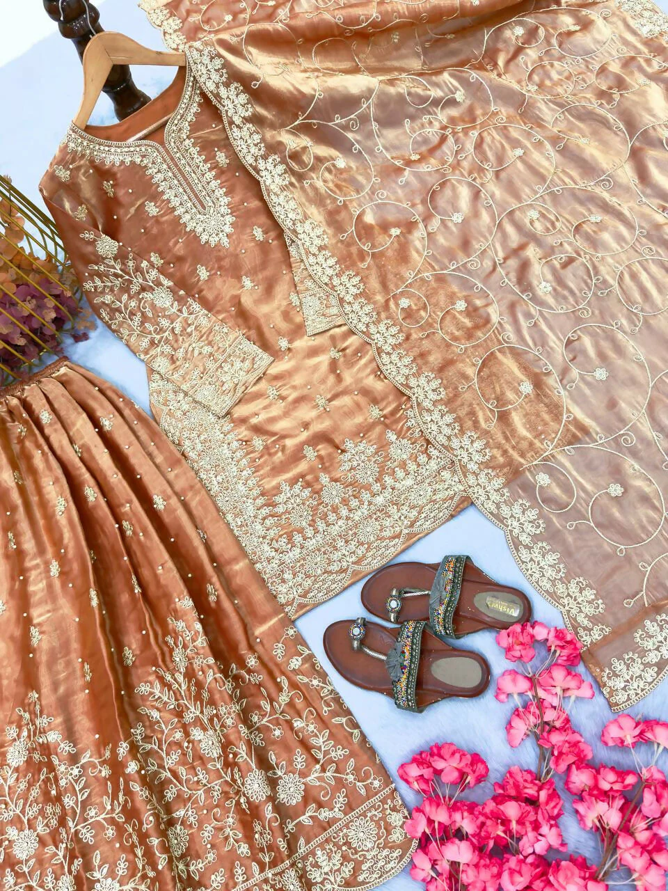 Teeya Creation Peach Pure Silk Gimmy Silk Heavy Embroidery Work Wedding Wear Palazzo Pair - Image 2