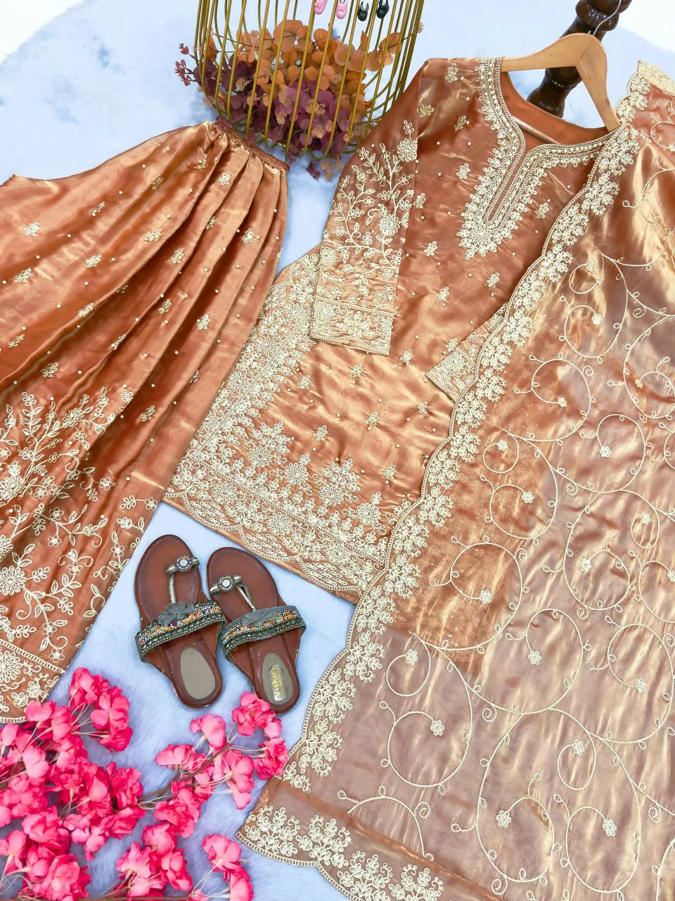 Teeya Creation Peach Pure Silk Gimmy Silk Heavy Embroidery Work Wedding Wear Palazzo Pair - Image 3