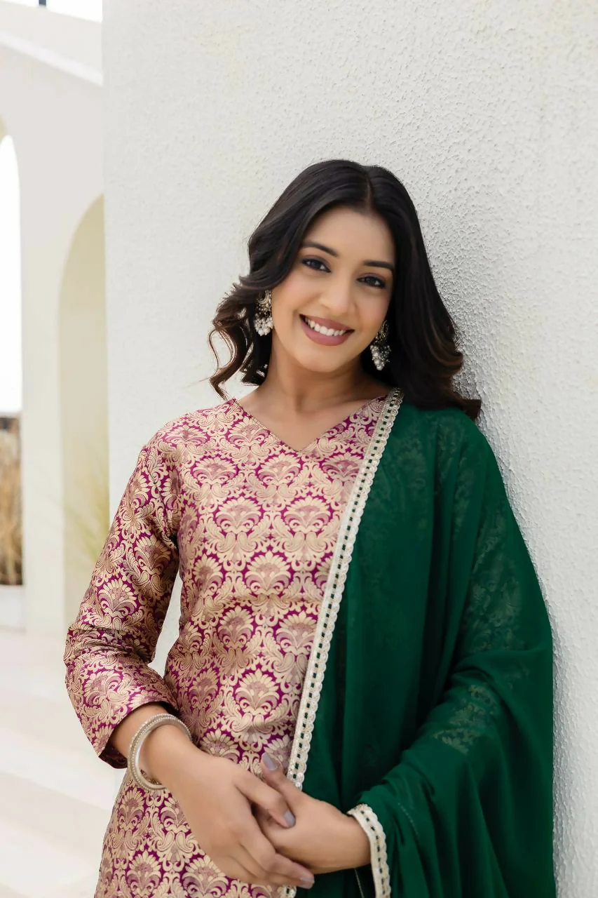 Teeya Creation Peach Viscose Jacquard Party Wear Designer Suit - Image 5