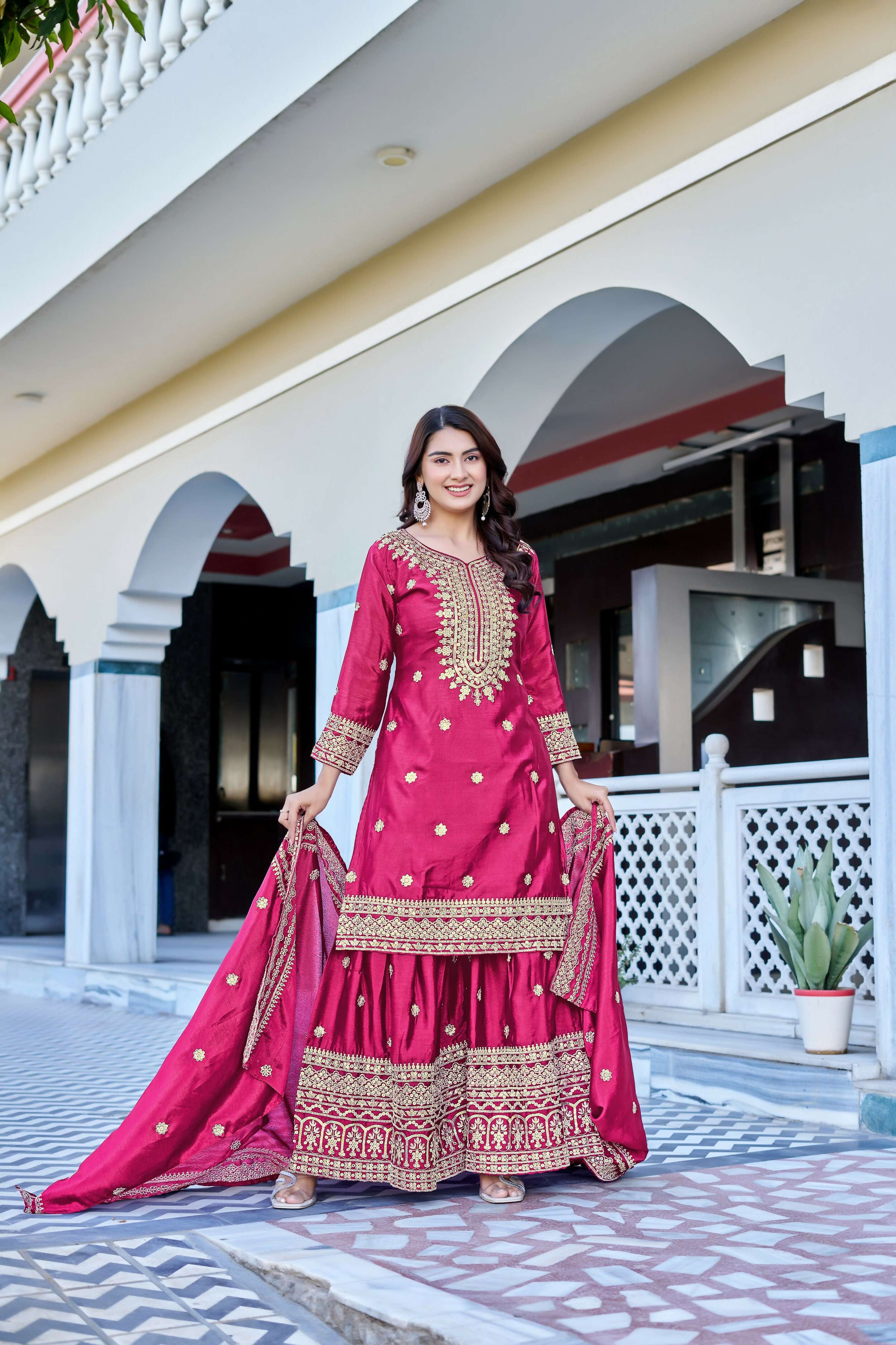 Teeya Creation Pink Color Chinon Silk Heavy Embroidery Work Wedding Wear Sharara
