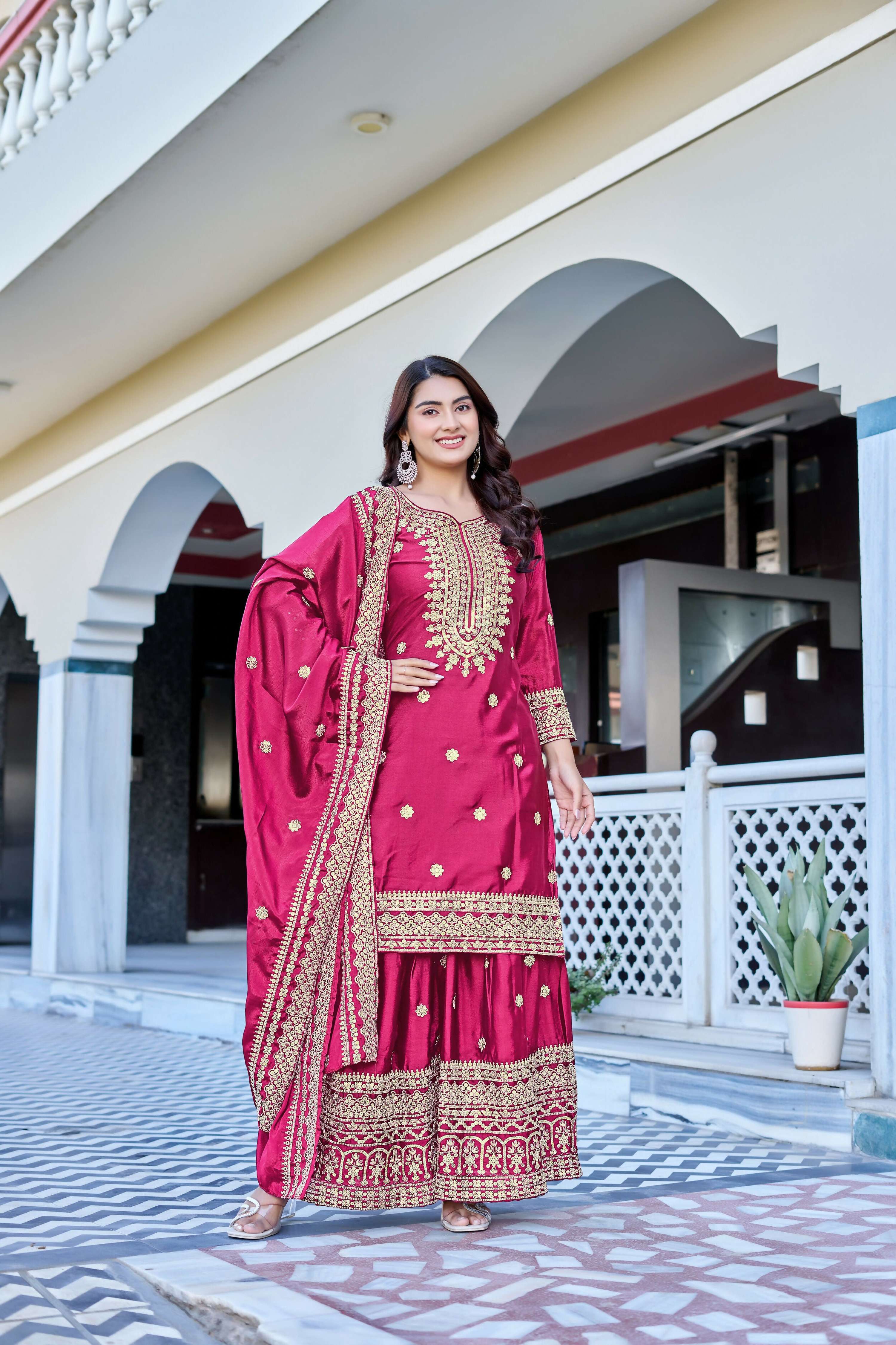 Teeya Creation Pink Color Chinon Silk Heavy Embroidery Work Wedding Wear Sharara - Image 2