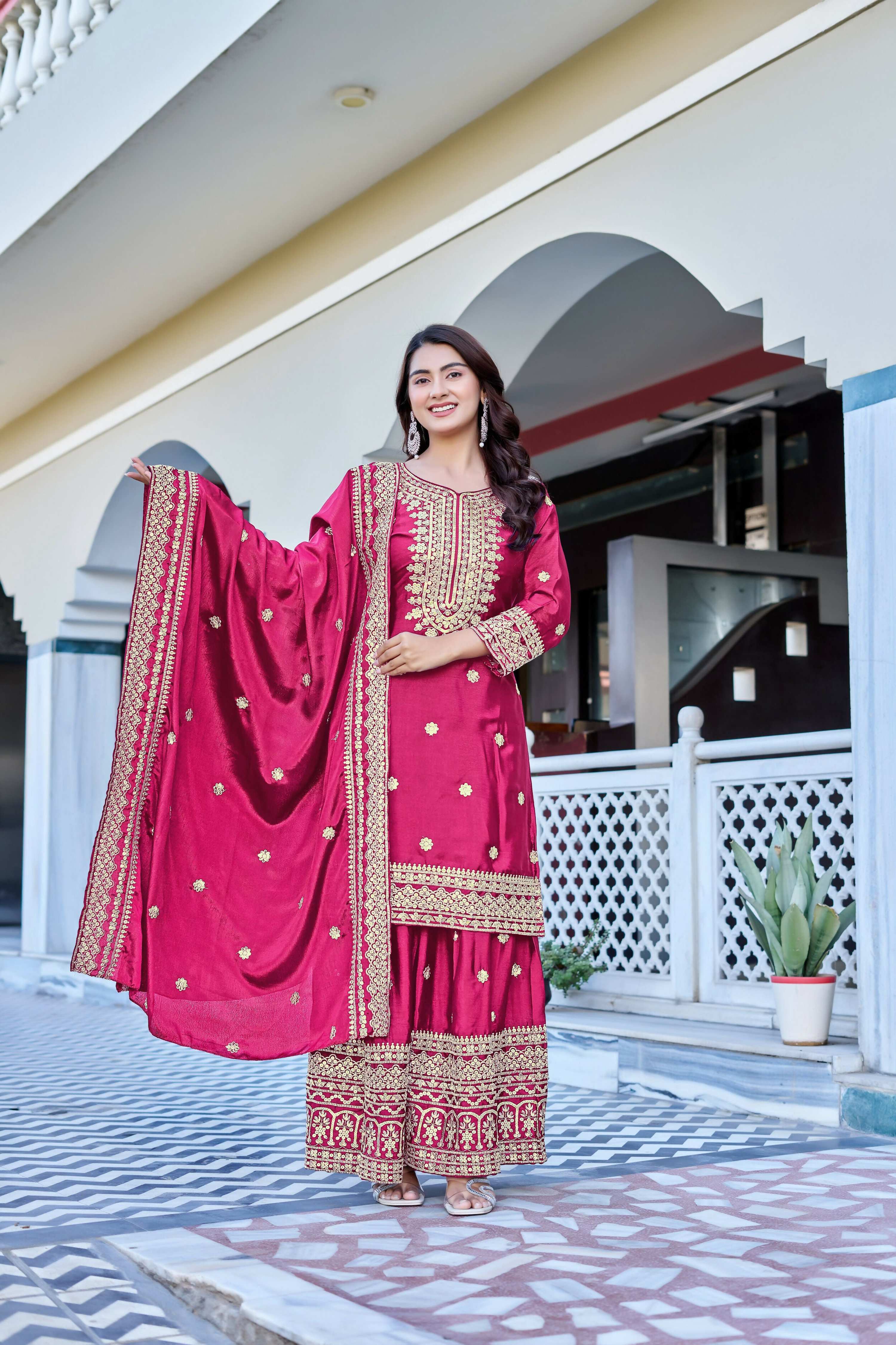 Teeya Creation Pink Color Chinon Silk Heavy Embroidery Work Wedding Wear Sharara - Image 3