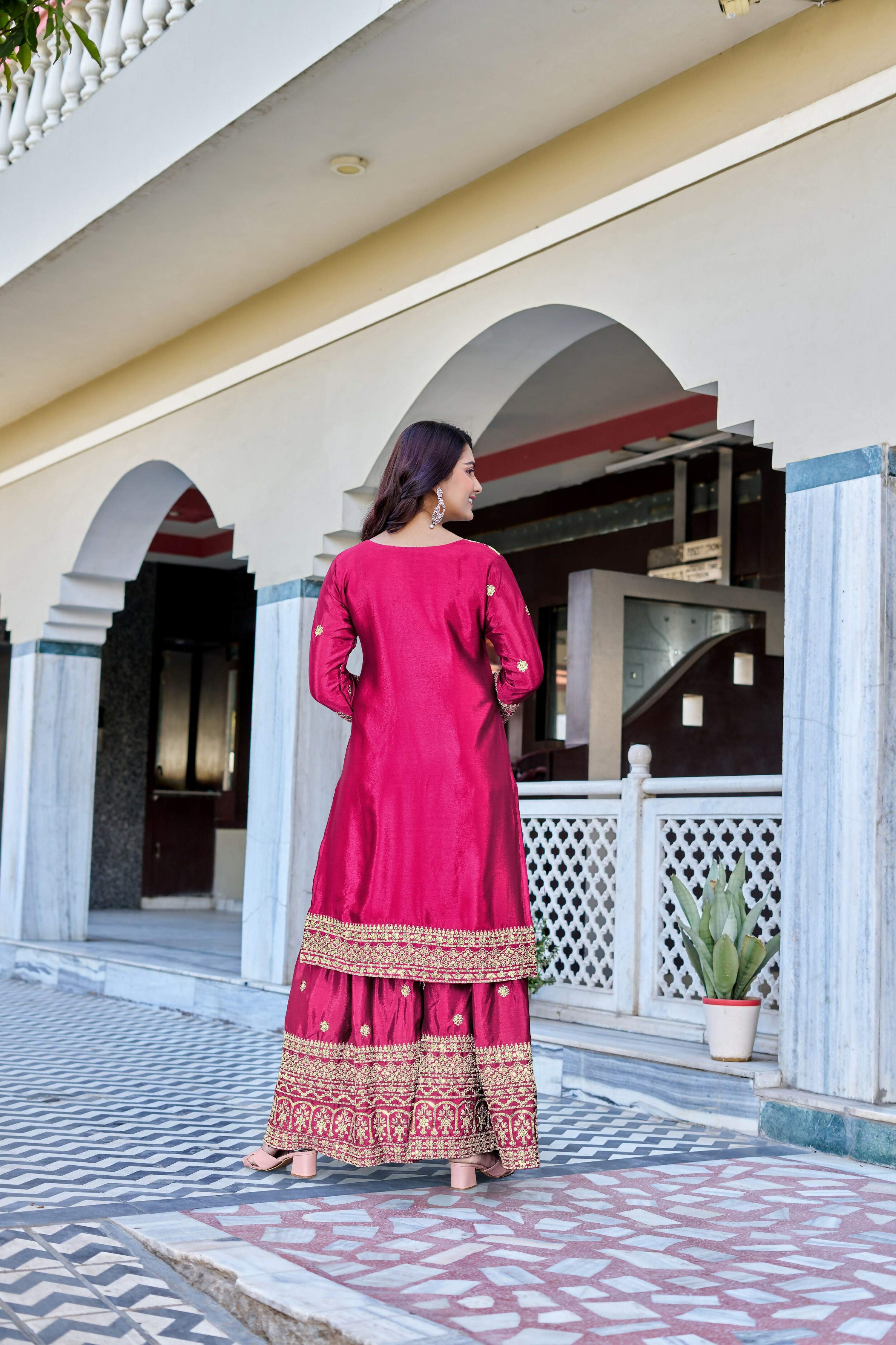 Teeya Creation Pink Color Chinon Silk Heavy Embroidery Work Wedding Wear Sharara - Image 4