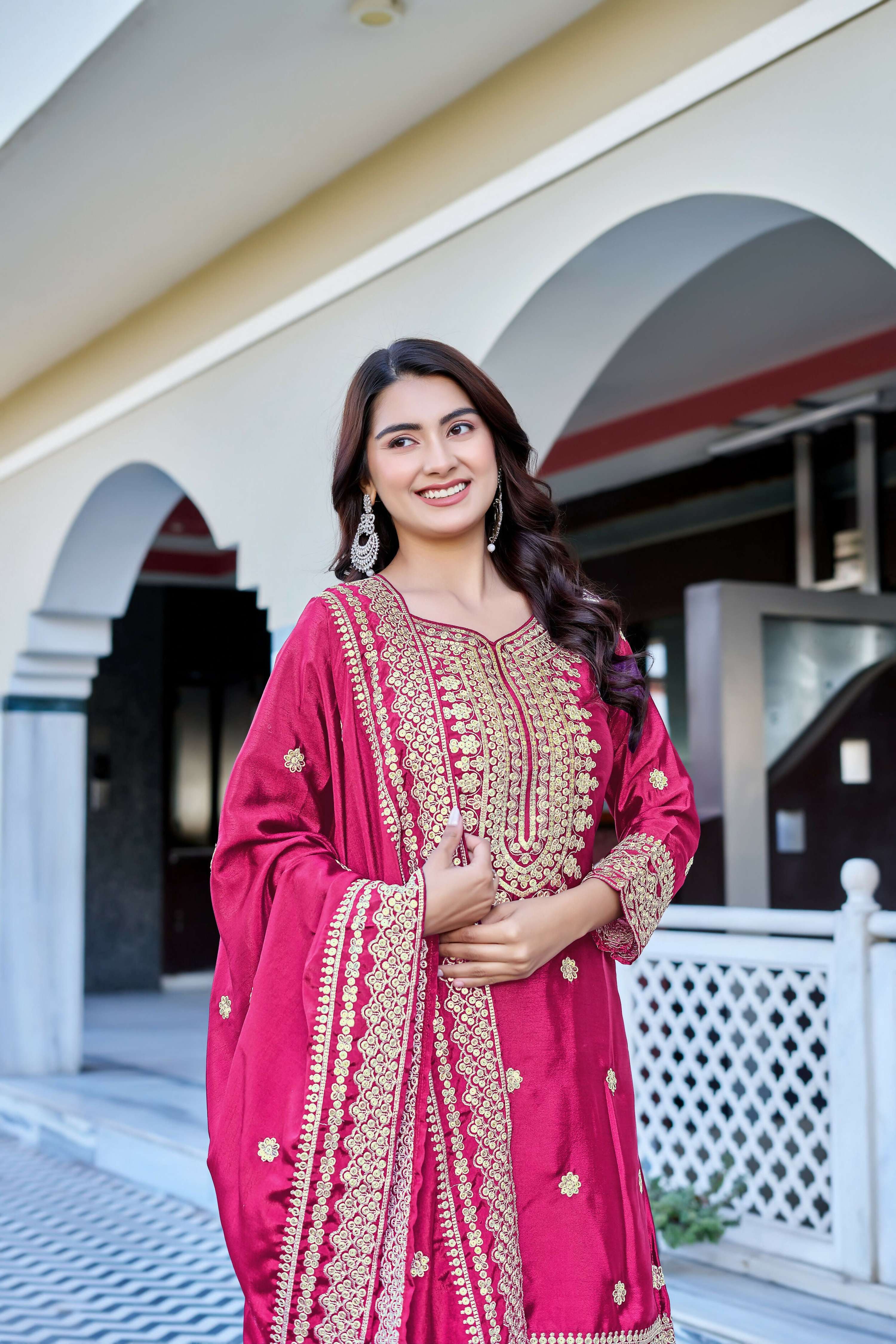 Teeya Creation Pink Color Chinon Silk Heavy Embroidery Work Wedding Wear Sharara - Image 5
