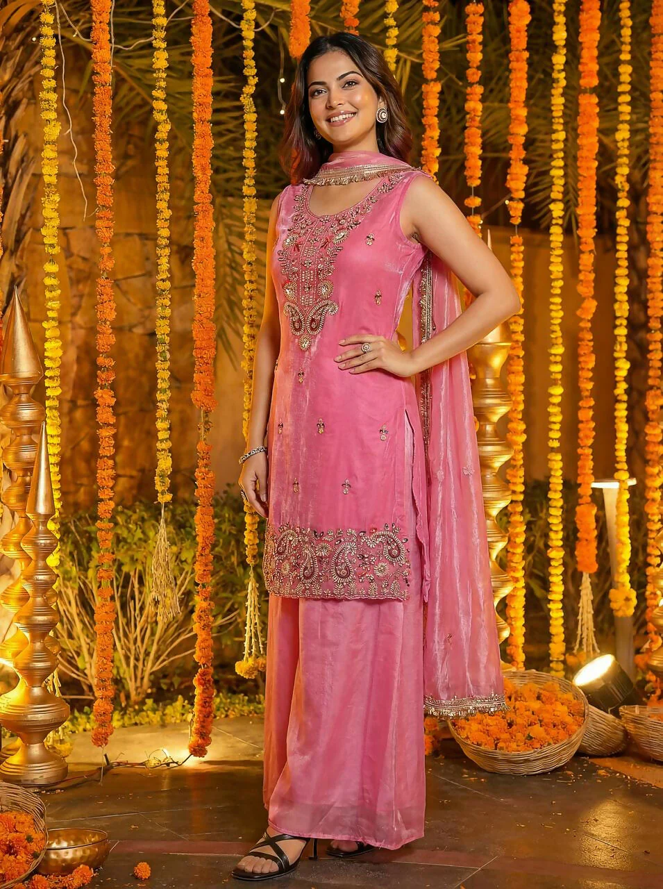 Teeya Creation Pink Fendy Silk Beads Work Designer Wedding Wear Salwar Suit - Image 3