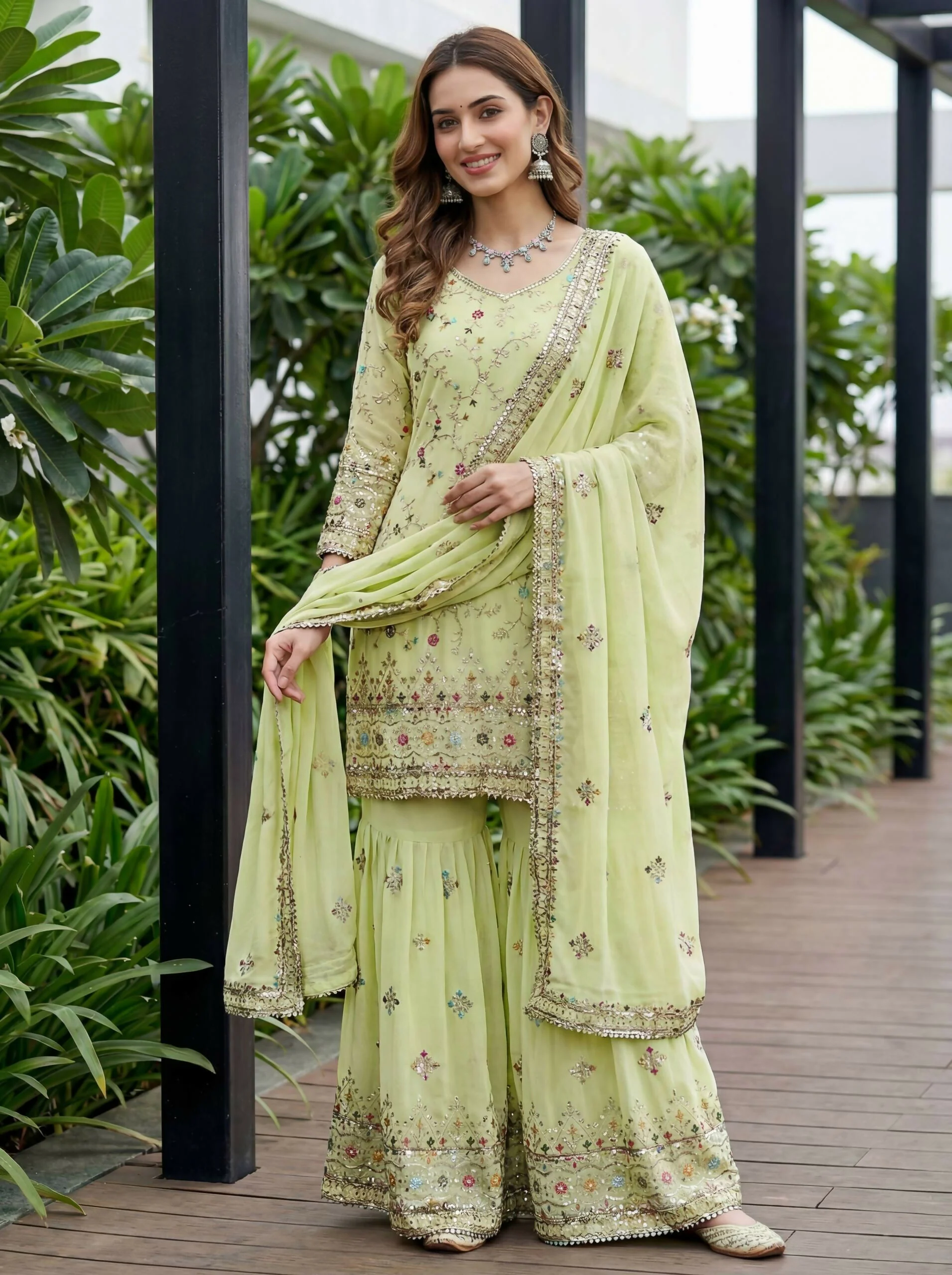 Teeya Creation Pista Faux Georgette Multi Thread Work Wedding Wear Sharara Set