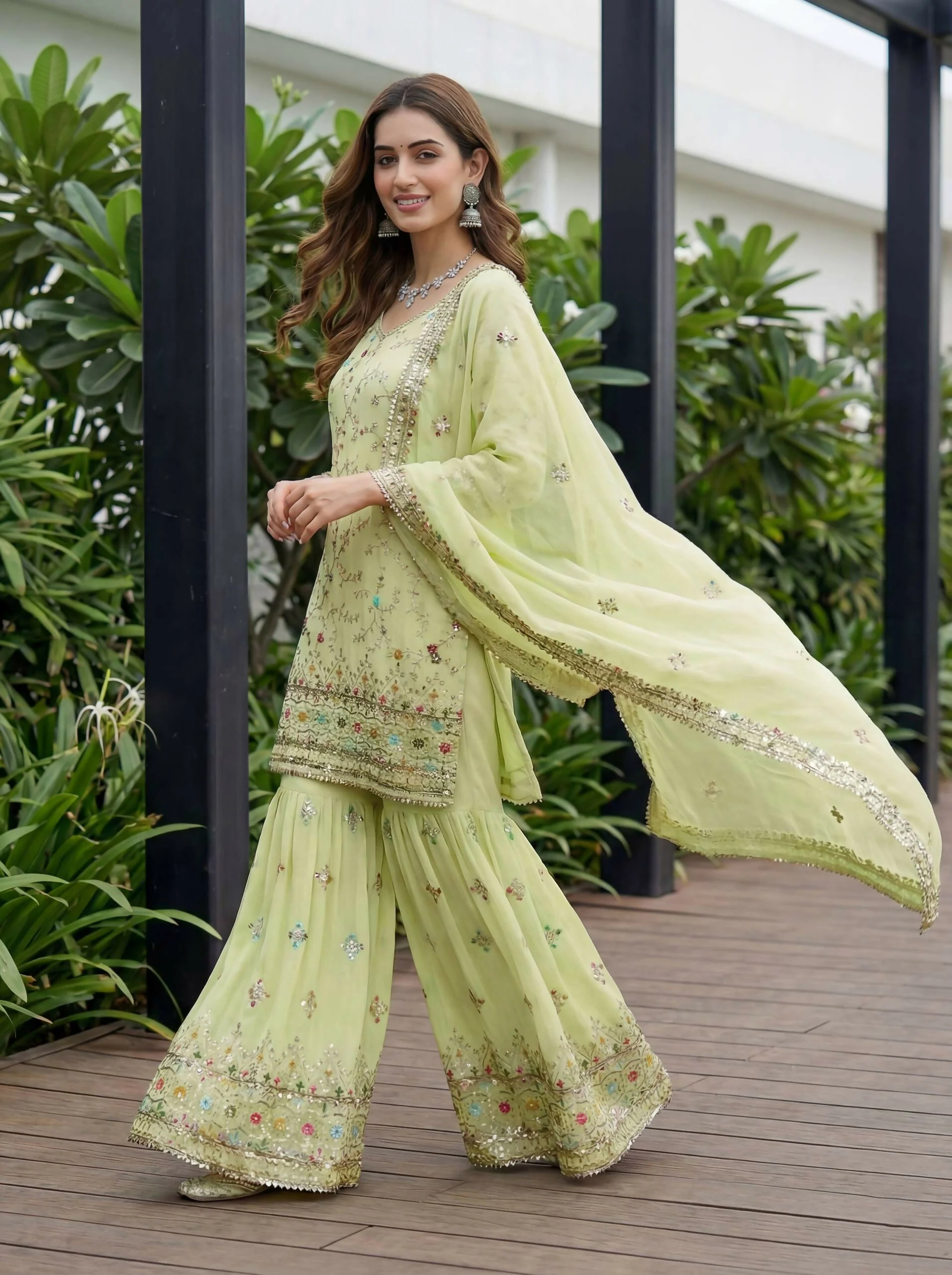 Teeya Creation Pista Faux Georgette Multi Thread Work Wedding Wear Sharara Set - Image 2