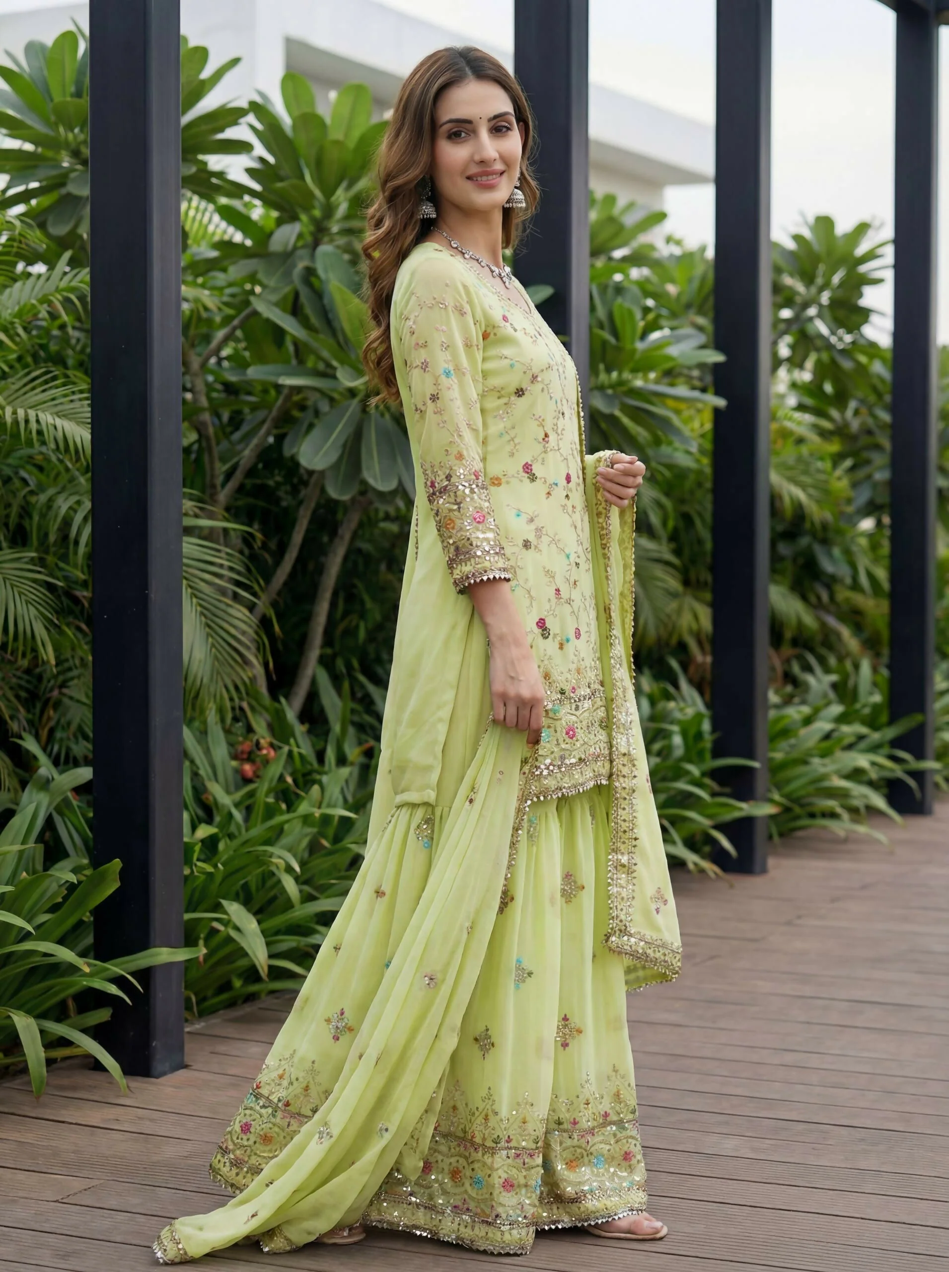 Teeya Creation Pista Faux Georgette Multi Thread Work Wedding Wear Sharara Set - Image 3