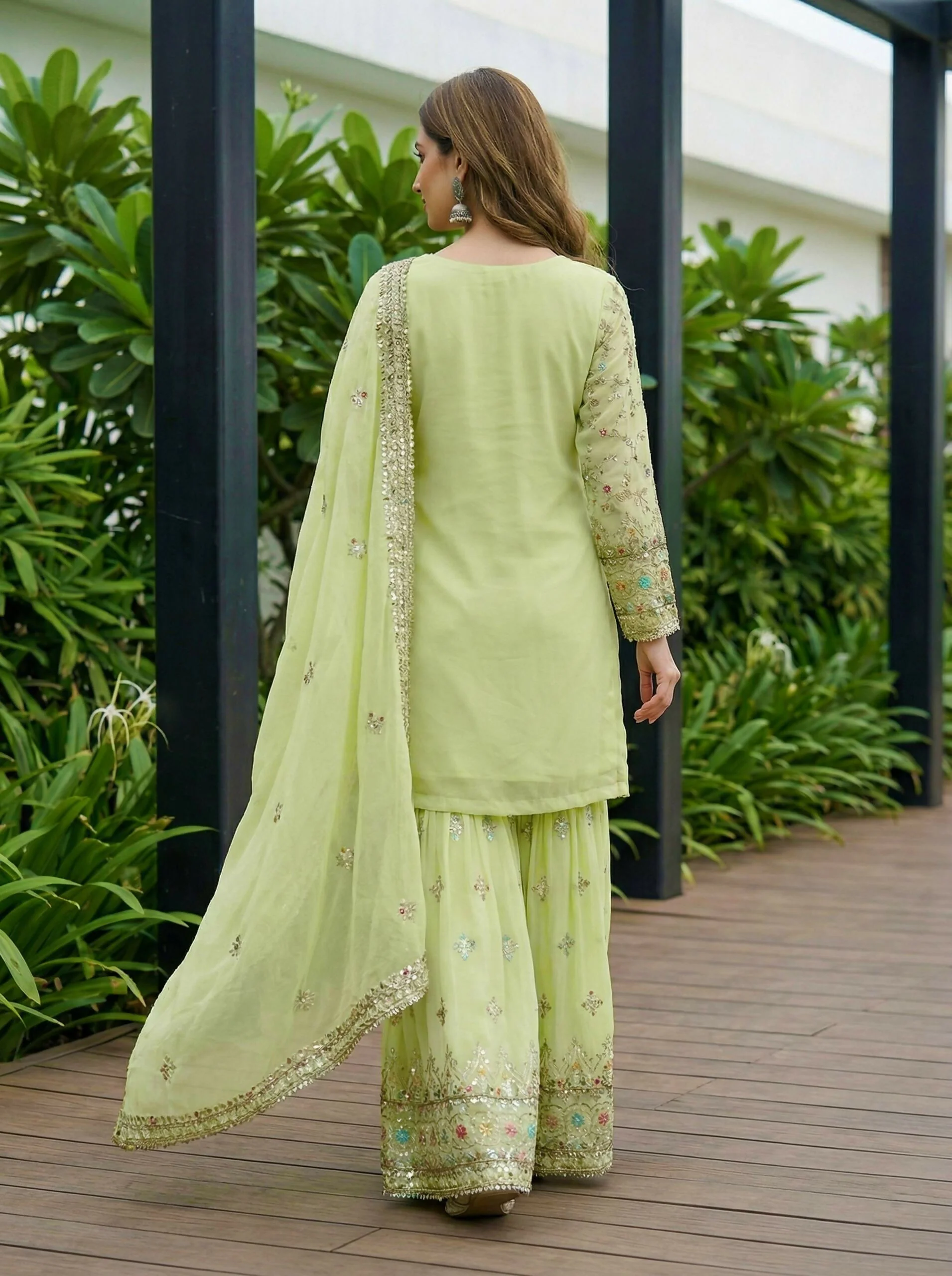 Teeya Creation Pista Faux Georgette Multi Thread Work Wedding Wear Sharara Set - Image 4