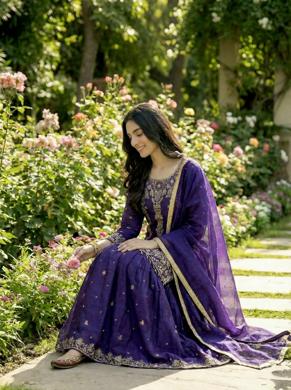 Teeya Creation Purple Gimmy Silk Designer Embroidery Work Wedding Wear Palazzo Pair - Image 3