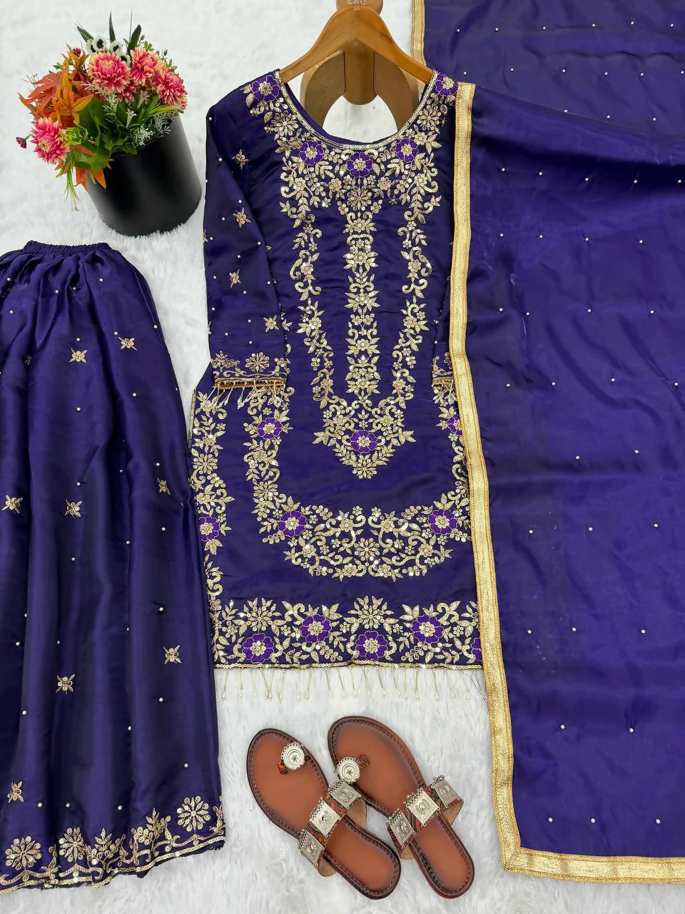 Teeya Creation Purple Gimmy Silk Designer Embroidery Work Wedding Wear Palazzo Pair - Image 4